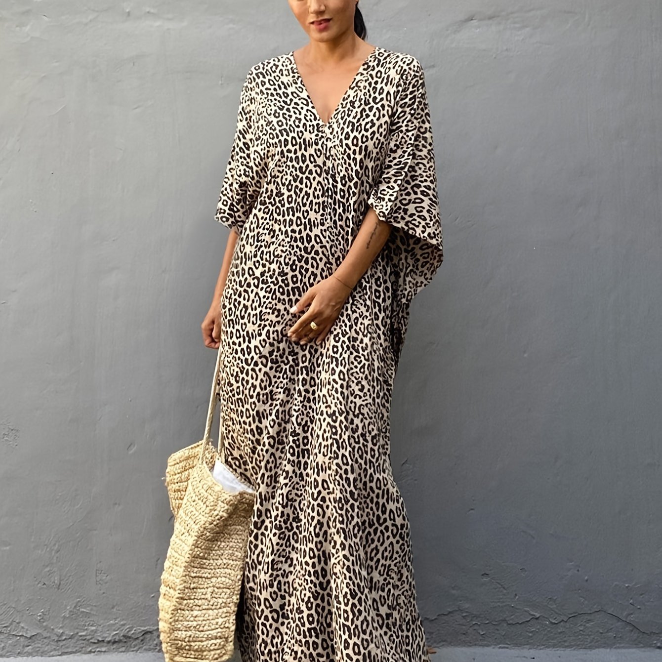TEMU Women's Long Beach Blouse Renmian Leopard Spot Türkiye Gown Holiday Dress V-neck Sside Split Pullover Swimsuit Blouse