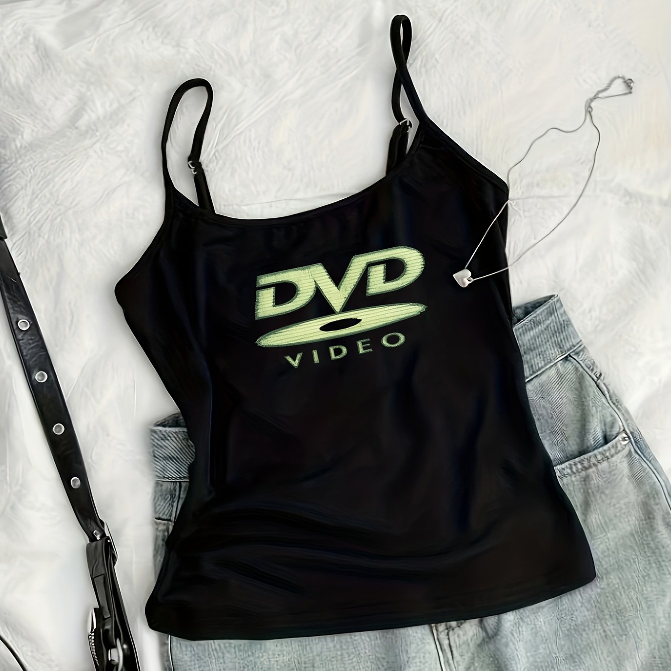 TEMU American-style Round Neck Camisole With Dvd Logo And Cd Pattern, Y2k Vintage Spicy Adjustable Thin Strap Short Camisole Top, New Summer