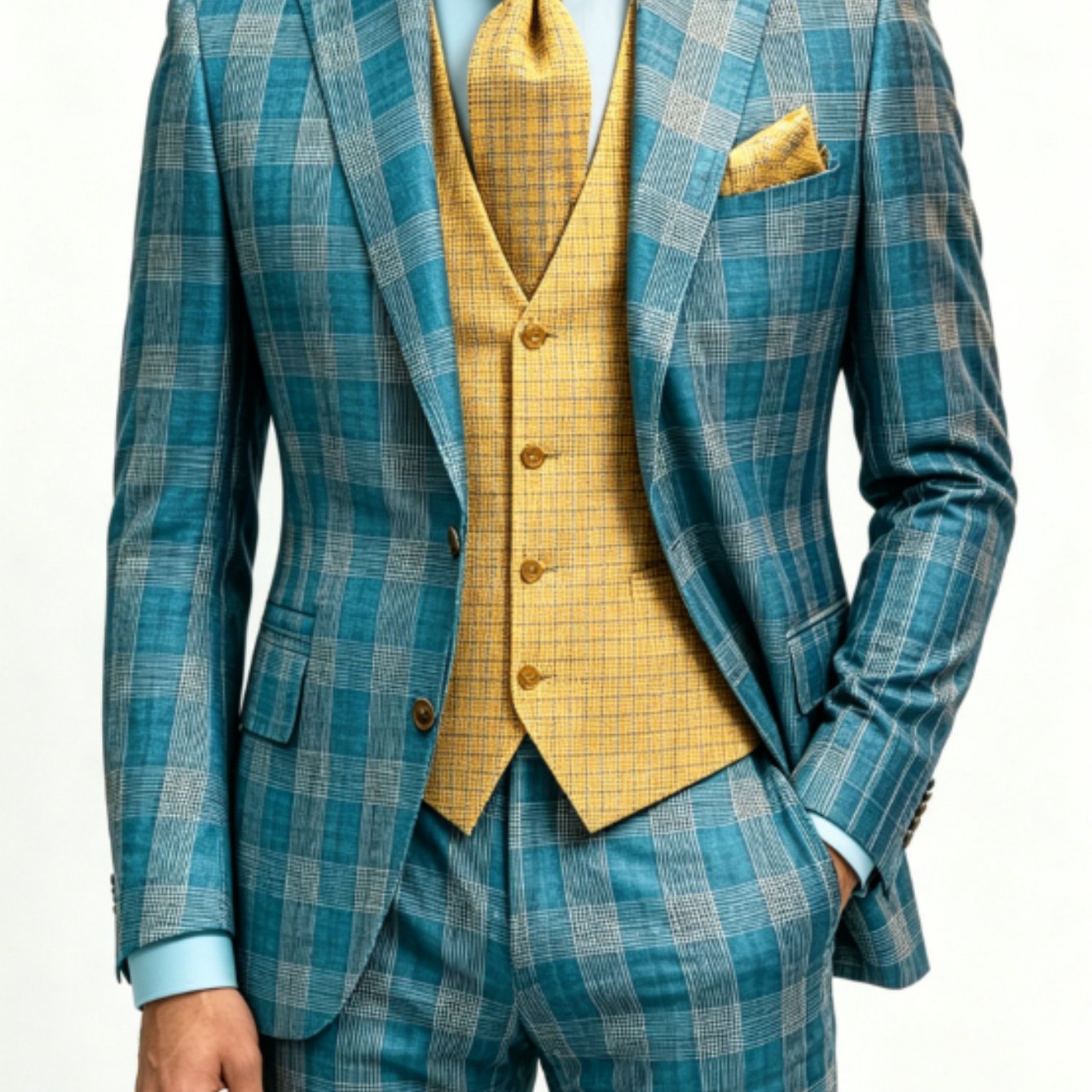 2pcs Men's Blue Grid Elegant Wedding Banquet Formal Business Suit Long Pants Set