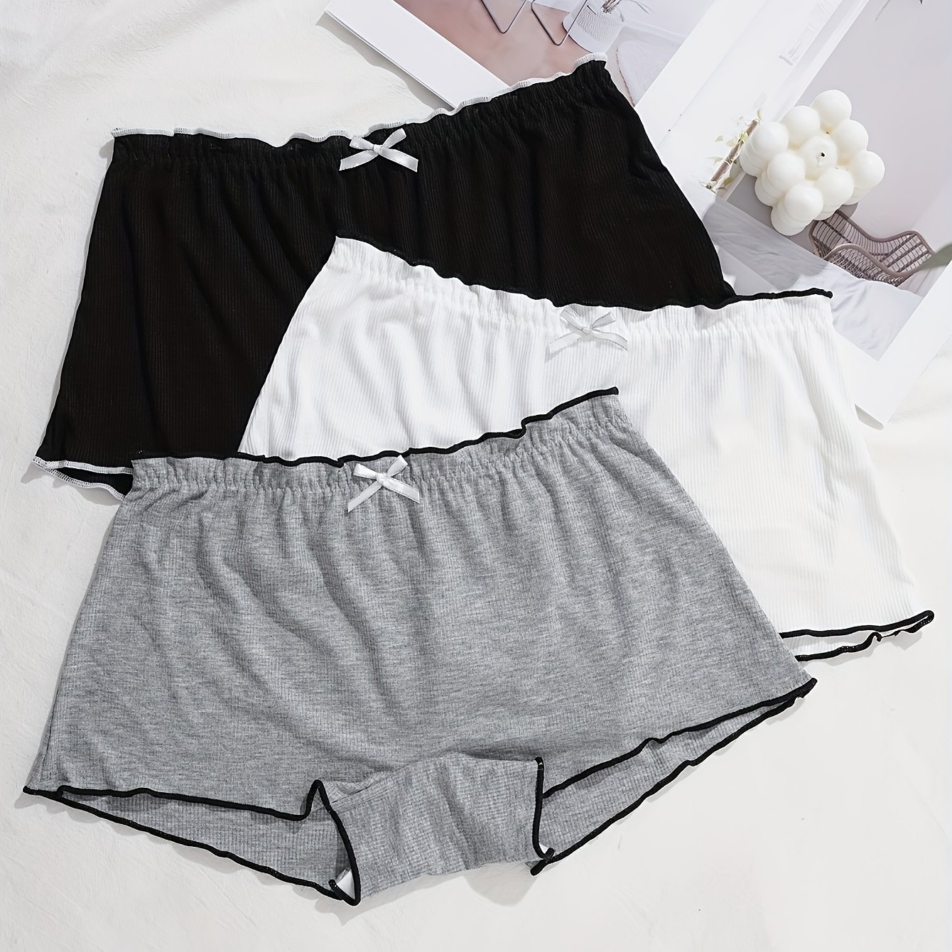TEMU 3pcs Pack Women' Color Ribbed Ruffle Bow Boyshort Underwear - Anti-peek Hem, Non-sheer Full Coverage Briefs Suitable For Casual Attire, Hand