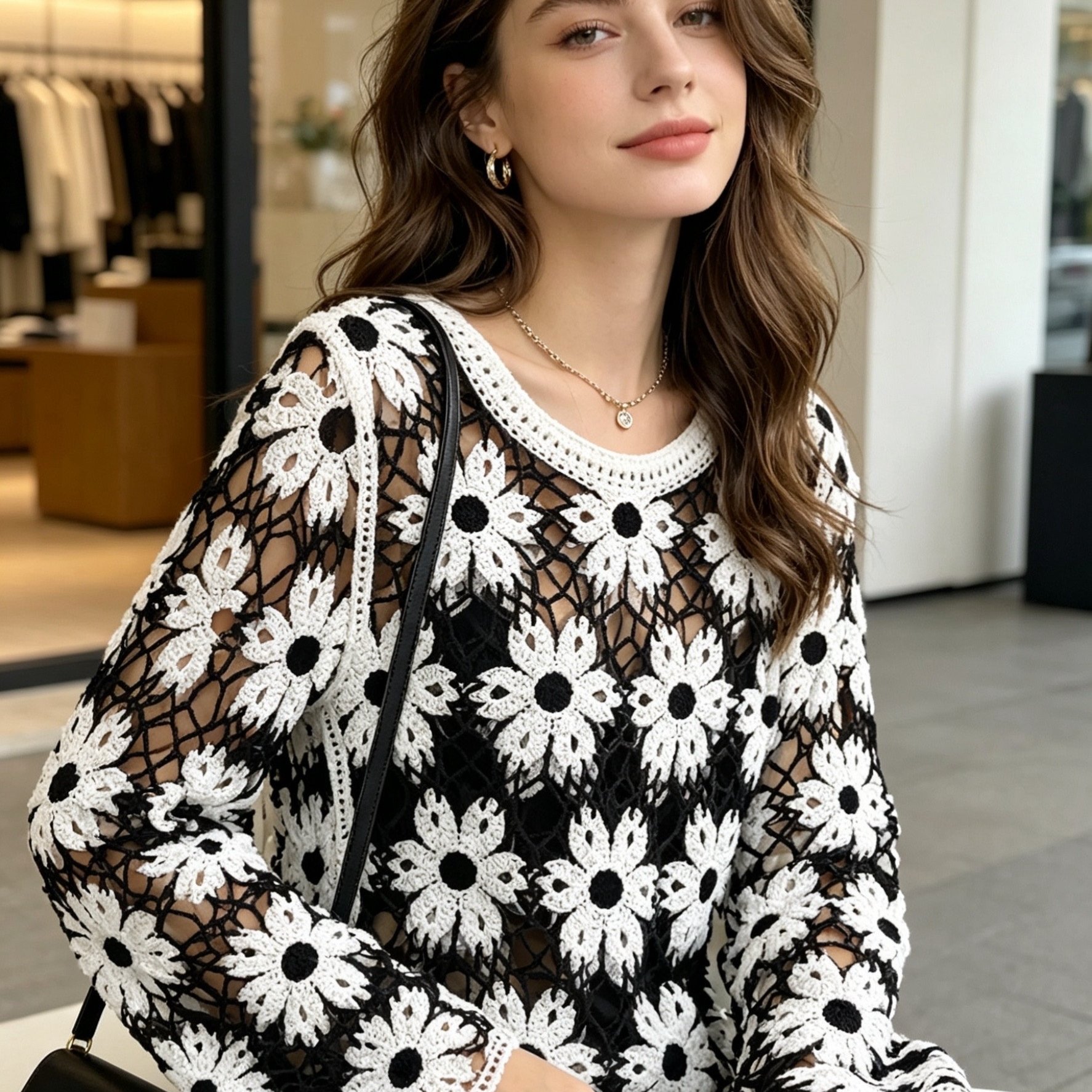 TEMU Pull en dentelle crochet ajourée à imprimé floral et dentelle hydrosoluble, pour , les voyages, les vacances, et l'hiver