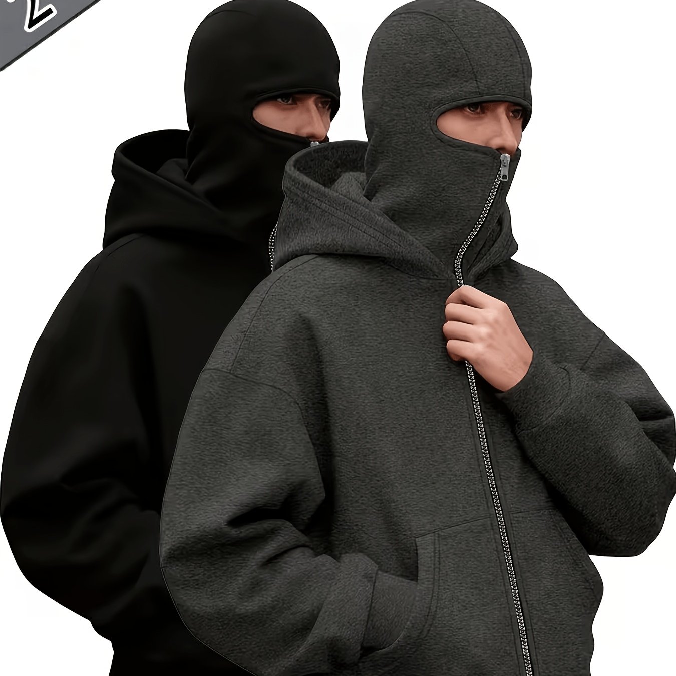TEMU 2pcs Men's -one Hooded Sweatshirt Set, Balaclava-style Full Zip Street Jacket, Perfect For Staying Warm In Winter
