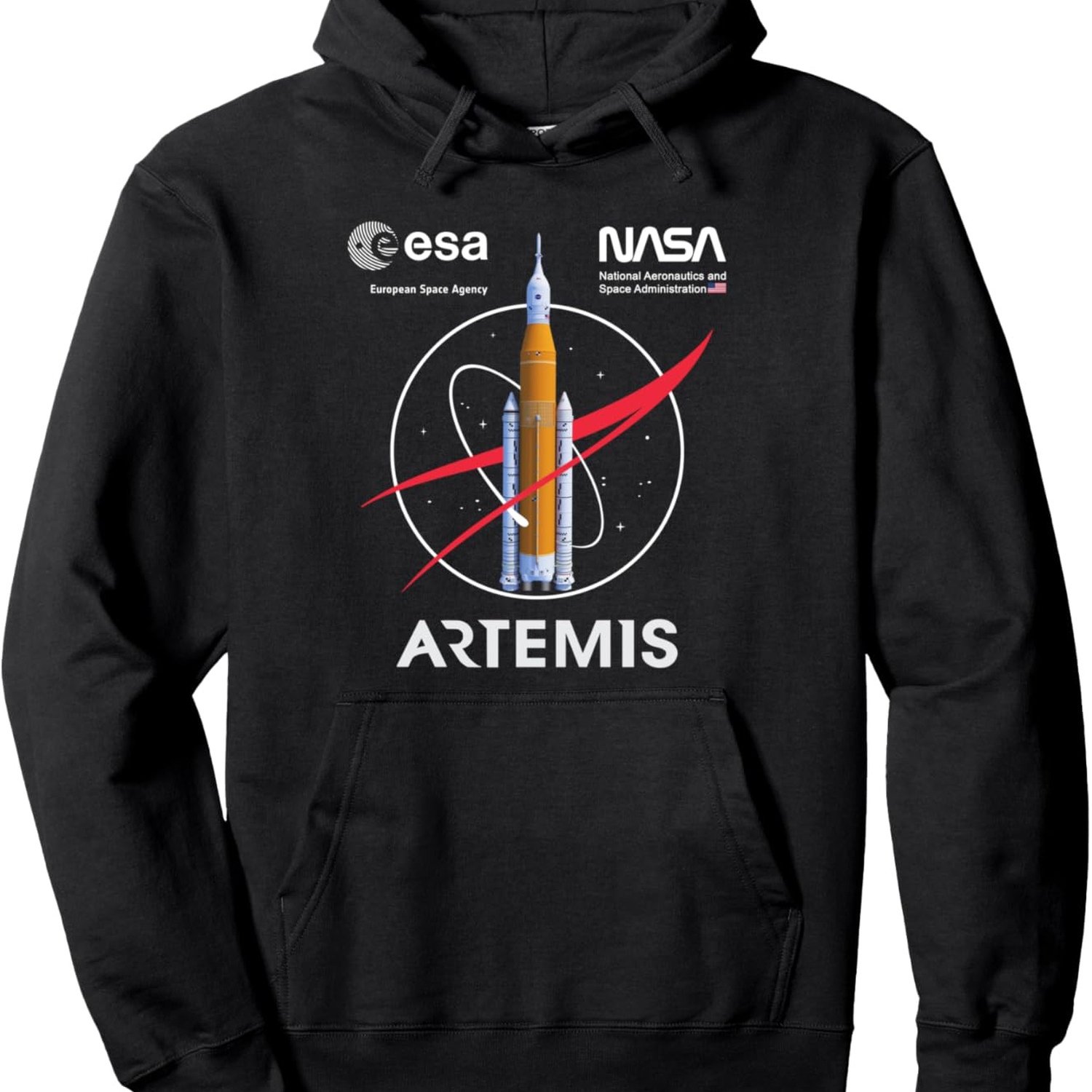 TEMU Men's Artemis Moon & Space Hoodie - Official Sls Rocket, Esa Logo, Astronaut - Black Hooded Sweatshirt For Space Enthusiasts, Casual Outerwear -