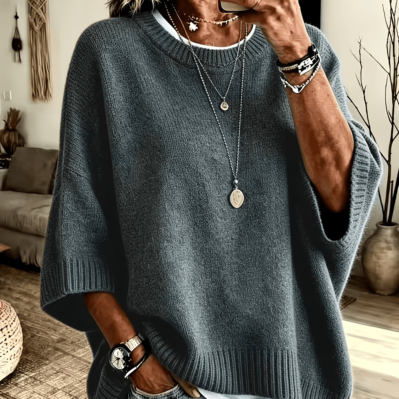 TEMU Pull décontracté ample pour femme, pull à col ras du cou décontracté, haut à manches chauve-souris 3/4, tricot côtelé doux et confortable, coupe