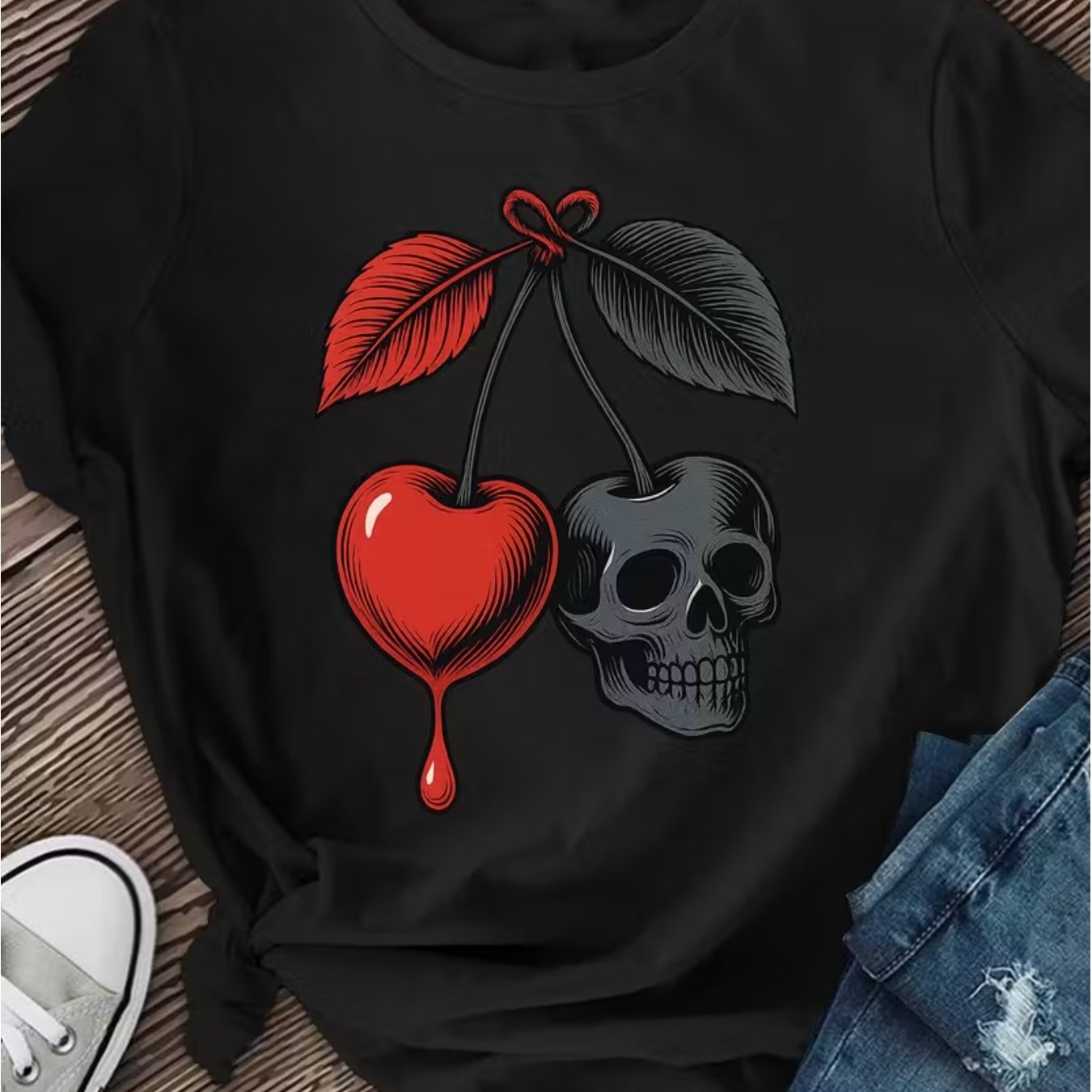 TEMU Plus Size - Women's Gothic Cherry Skull Burgundy Black Contrast Short Sleeve Blouse Top With Cherry Bone Applique Neck Stretch, Suitable For