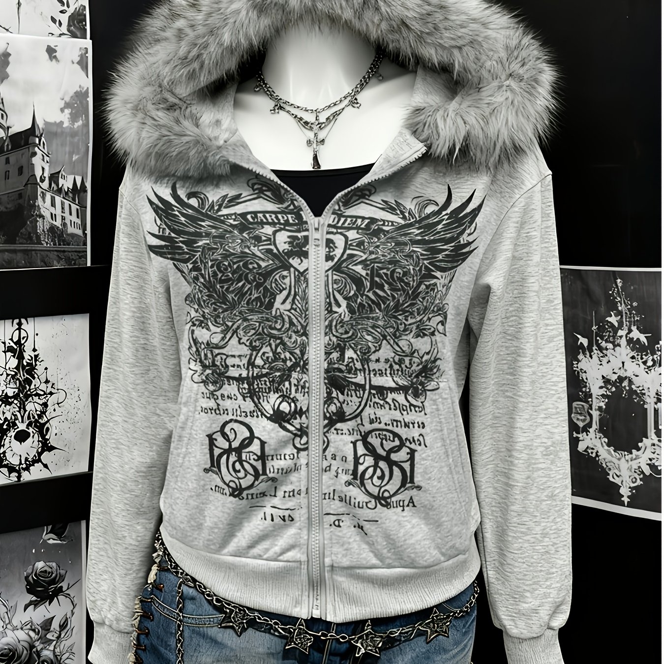 TEMU Gothic Street Zipper Women's Hoodie, Autumn And Winter Retro Letter Wing Print Women's Zipper Sweatshirt Harajuku Jacket