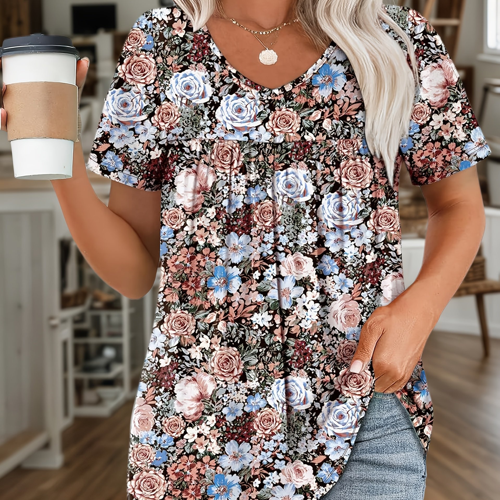Plus Size - Plus Size - Elegant Women's With A V-neck, Featuring A Floral Print And Gathered Detailing At The Bust, Designed In Plus Size