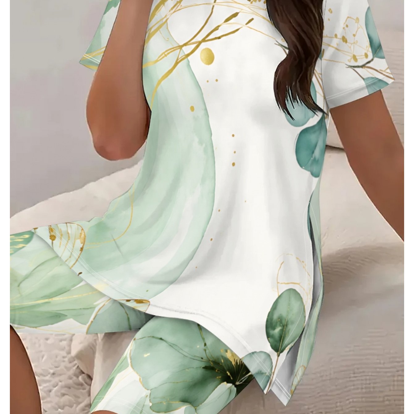 TEMU Plus Size, Plus Size Women Round Neck White Ink Green Leaf Print Slit Top& Same Print Five-inch Shorts 2pcs Casual Set