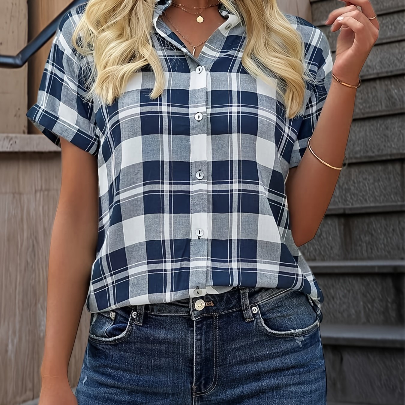 Image of Women's Checked Blouse Short Sleeve Tops Casual Loose V-neck Shirt Blouse Button Summer Tunic T-shirt Tops