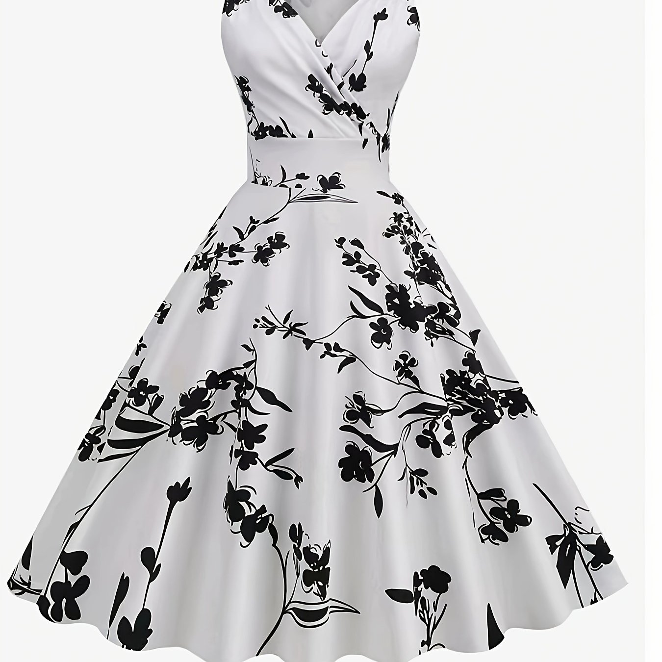 Kuva tulossa: TEMU Damen-Vintage-Blumenmuster-V-Kleid, Ärmellose, Hohe Taille, Swing-Kleid, Polyester 97% Spandex 3%, Gestricktes Material, Pendel-Stil, Frühling/Sommer/Herbst, 200g/m² - Elegante Erwachsenen-Kleid