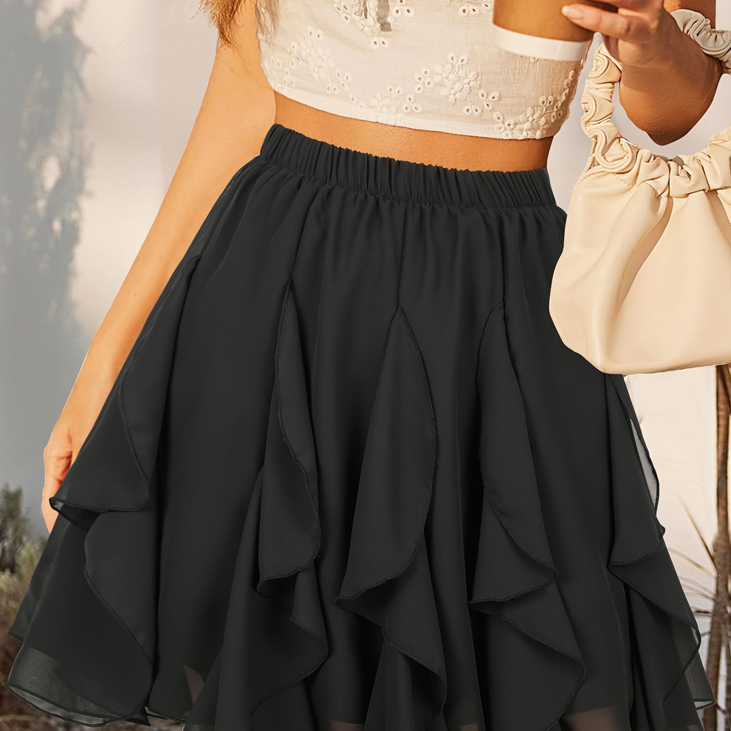 Image of Women's Chiffon Skirt With Ruffle Detail, Casual A-, Perfect For Daily Wear And Parties