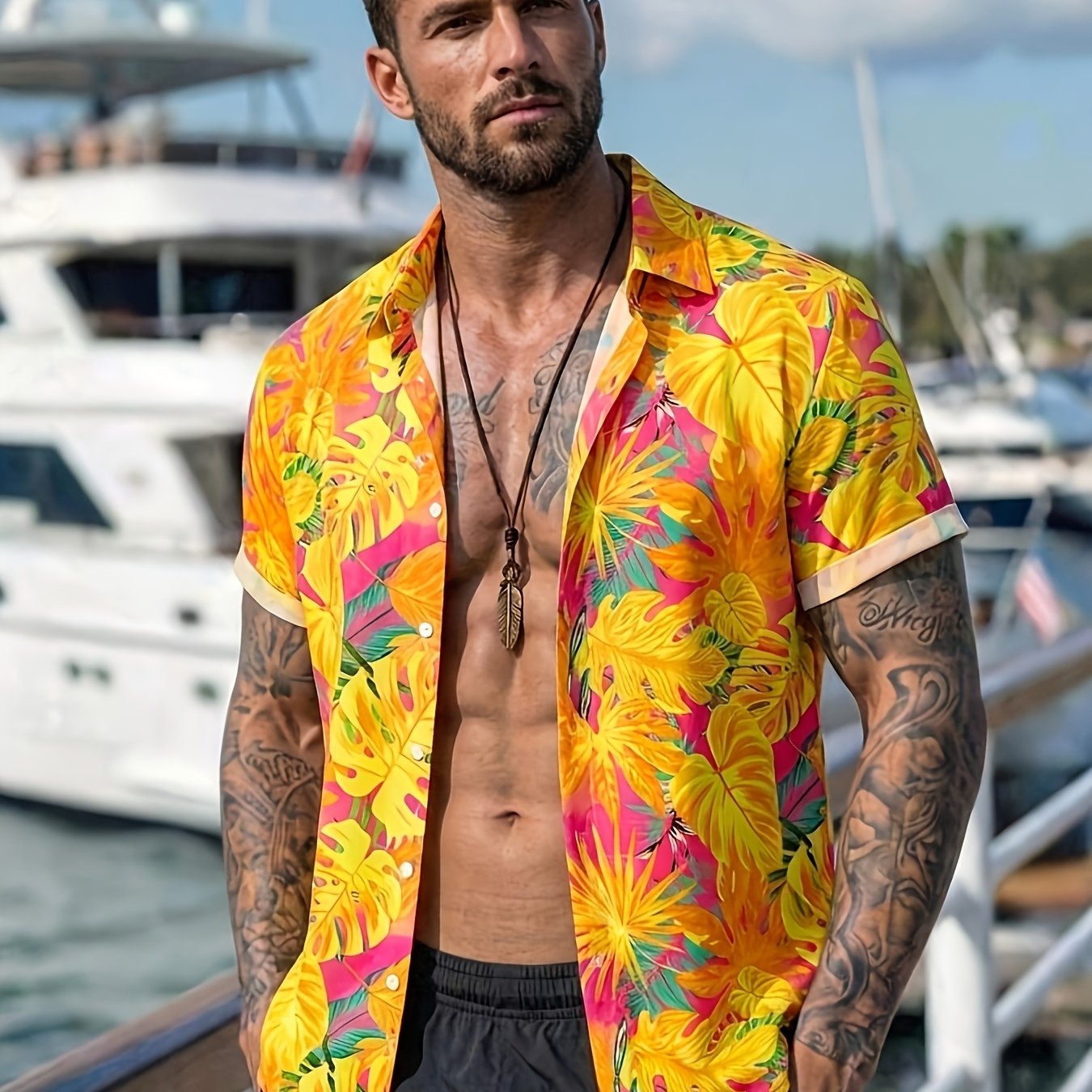 TEMU [printed Design - Not Textured] Men's Hawaiian Casual Vacation Tropical Print Button-up Short Sleeve Shirt, Men' Size Shirt