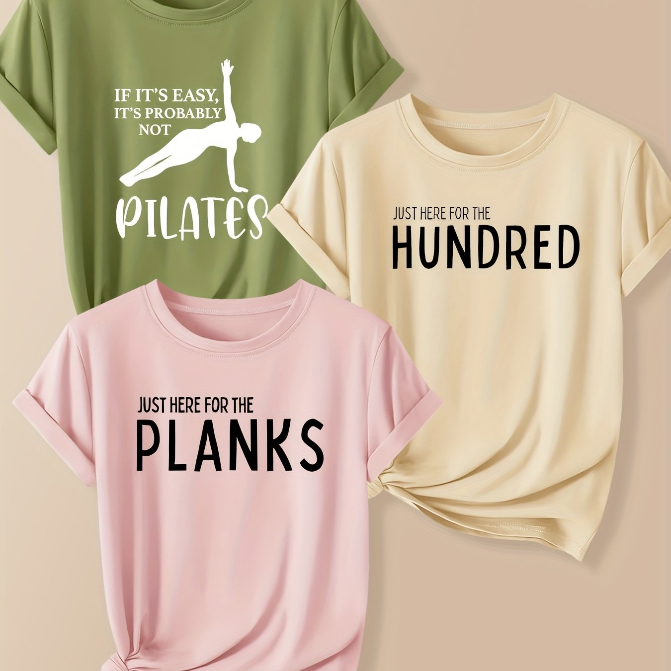 TEMU 3pcs Women's Pilates Sport Letter Portrait Print Short Sleeve T-shirt Set, 2025 Autumn Fashion Trend Vintage Crew Neck Cute T-shirt Set, Casual