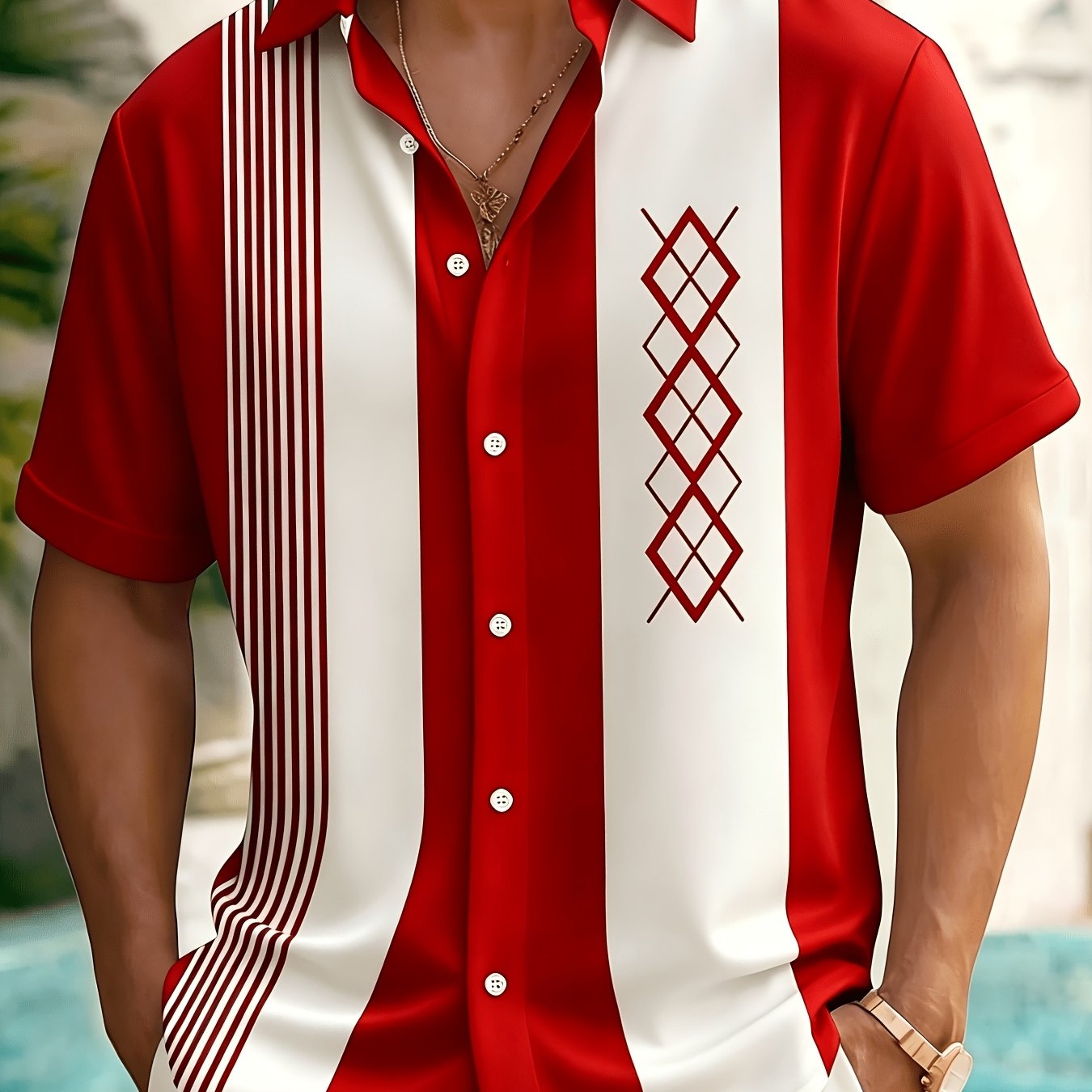 TEMU Print Design - Untextured (no Additions) Retro Bowling Stripe Geometric Print Men's Button-up Shirt, Lapel Design, Breathable And Soft Polyester