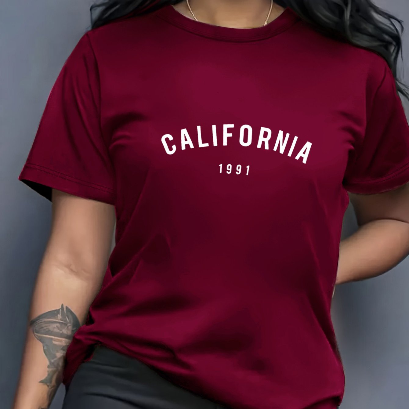 TEMU Women's California 1991 Graphic T-shirt - Breathable, Short Sleeve Round Neck, Casual Summer Top With "california 1991" Print, Machine Washable,