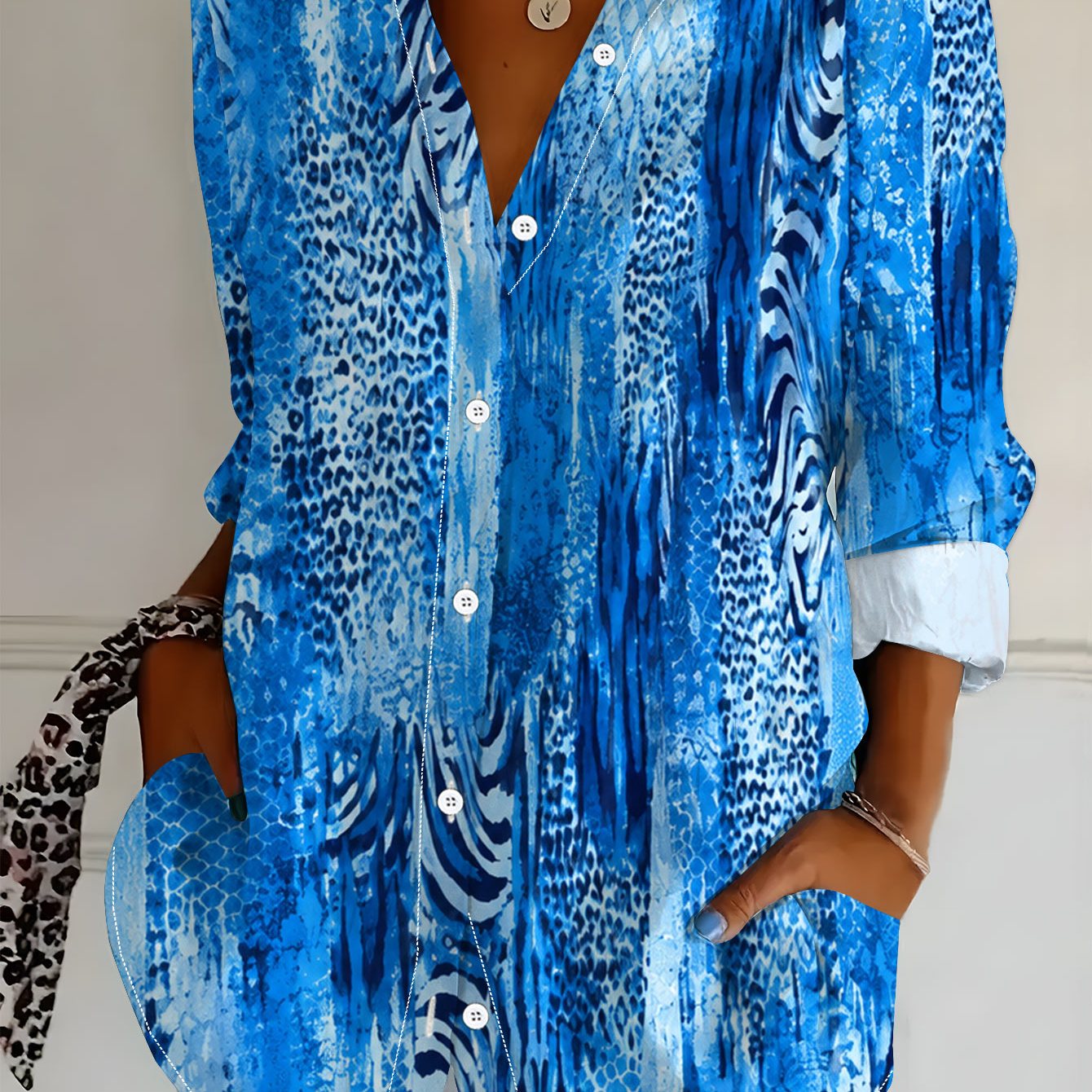 TEMU Plus Size Women's Long Sleeve Shirt, Animal Print, Loose Fit Printed Shirt, Blue- Pattern, Mid-length Women's Long Sleeve Collared Shirt, Loose