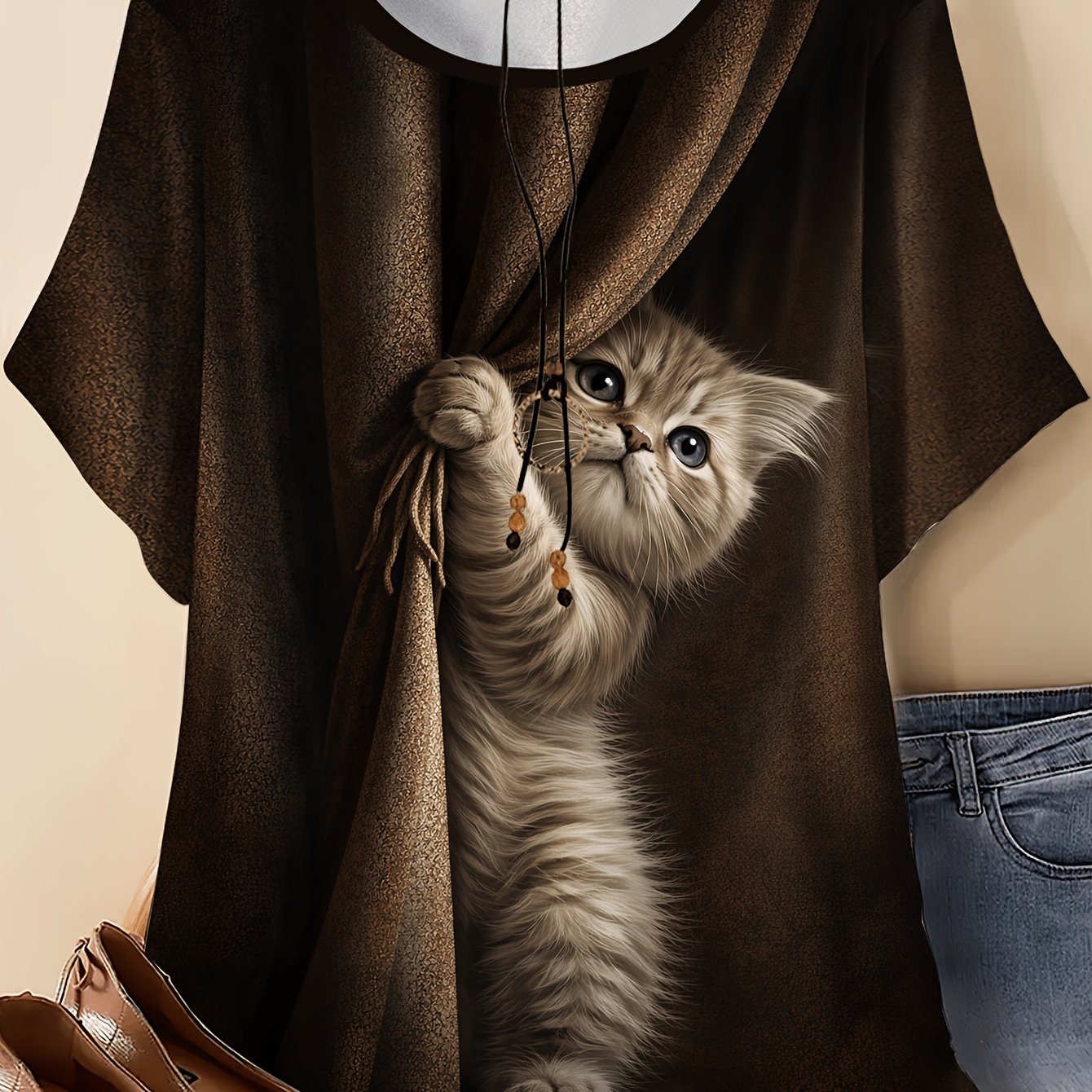 TEMU Plus Size, Plus Size Women's Stretch Cat Print T-shirt - Short Sleeve Round Neck Blouse Suitable For Casual & Outdoor Wear, Summer Top With