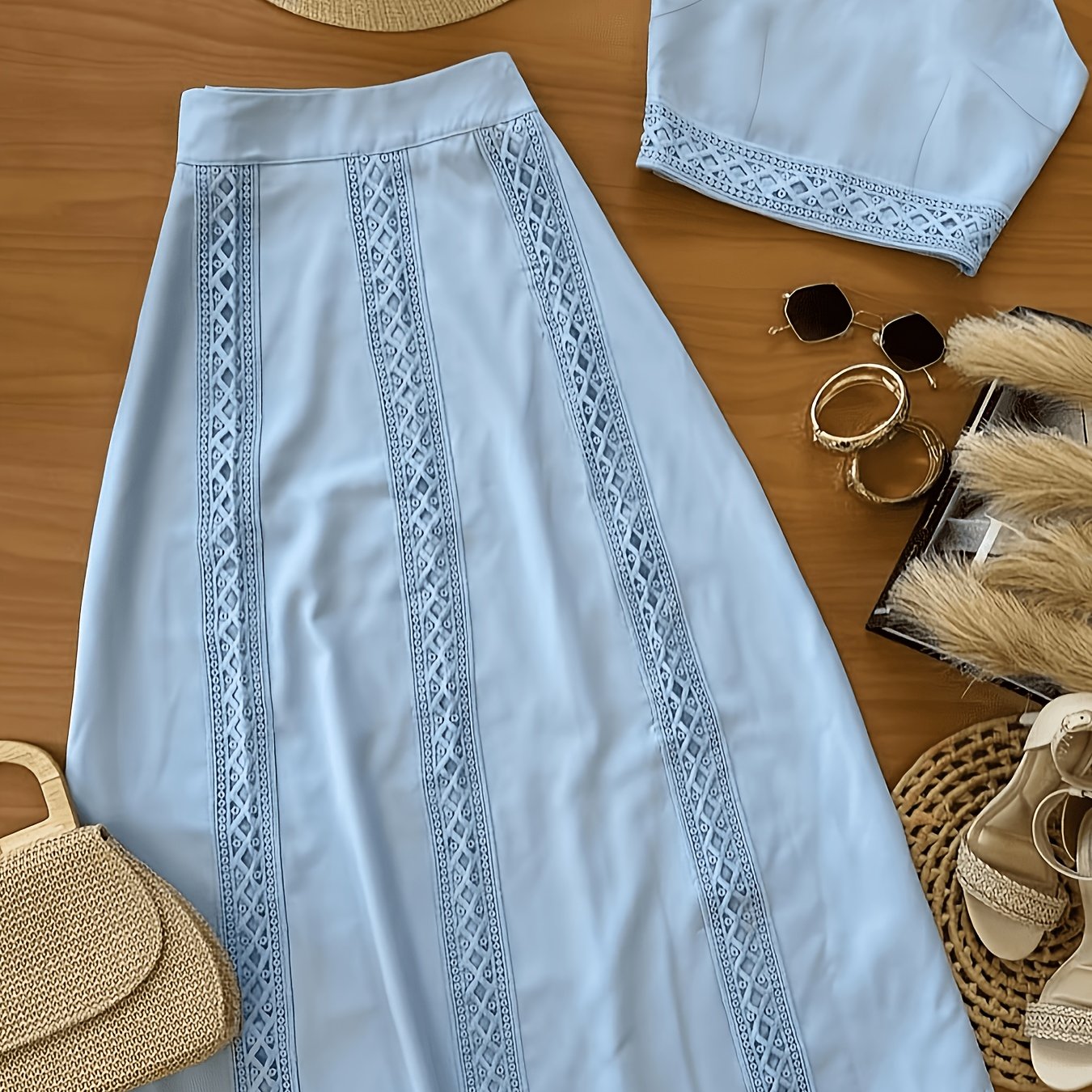 TEMU Conjunto de 2 piezas de moda de nueva temporada para mujer: camisola con ribete de encaje y falda de estilo francés con apliques de encaje