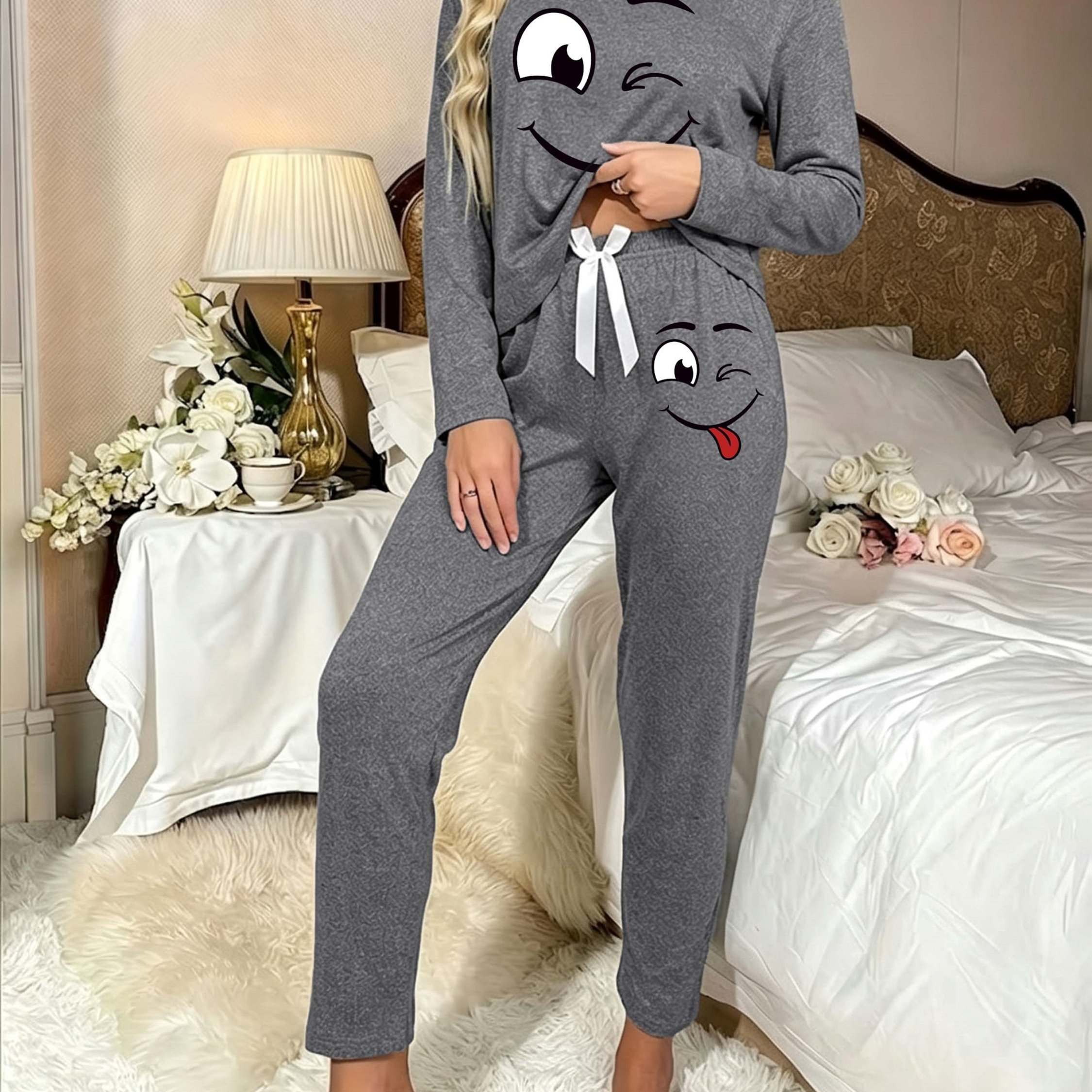TEMU Autumn Winter Women's Comfortable Pajama Set, Blinking Eyes Printed Round Neck Long Sleeve Sleepwear Dress