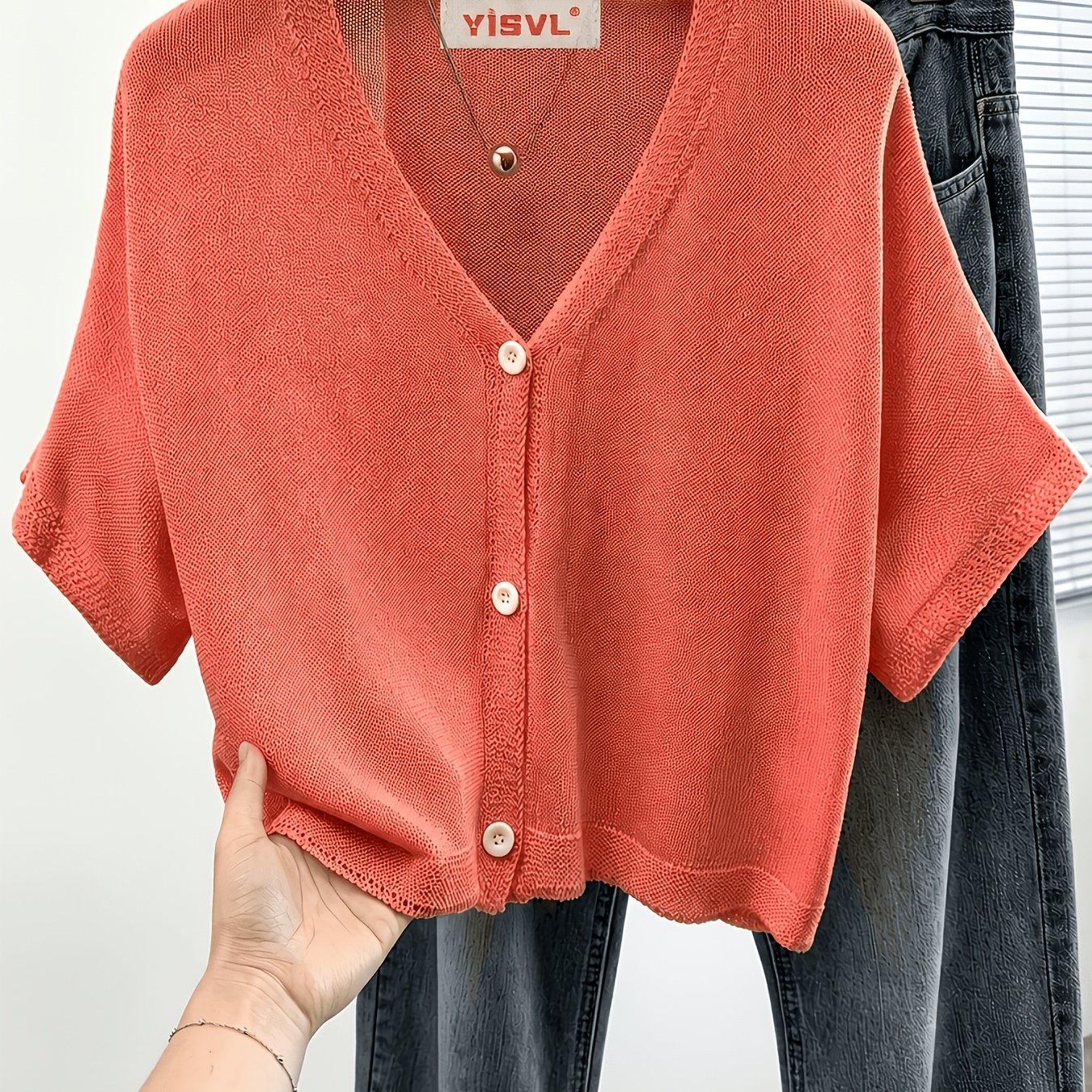 TEMU V-neck Loose Casual Short-sleeve Cardigan Outerwear, Summer Lightweight Knitwear, Fashionable Simple Versatile Women's Cover-up