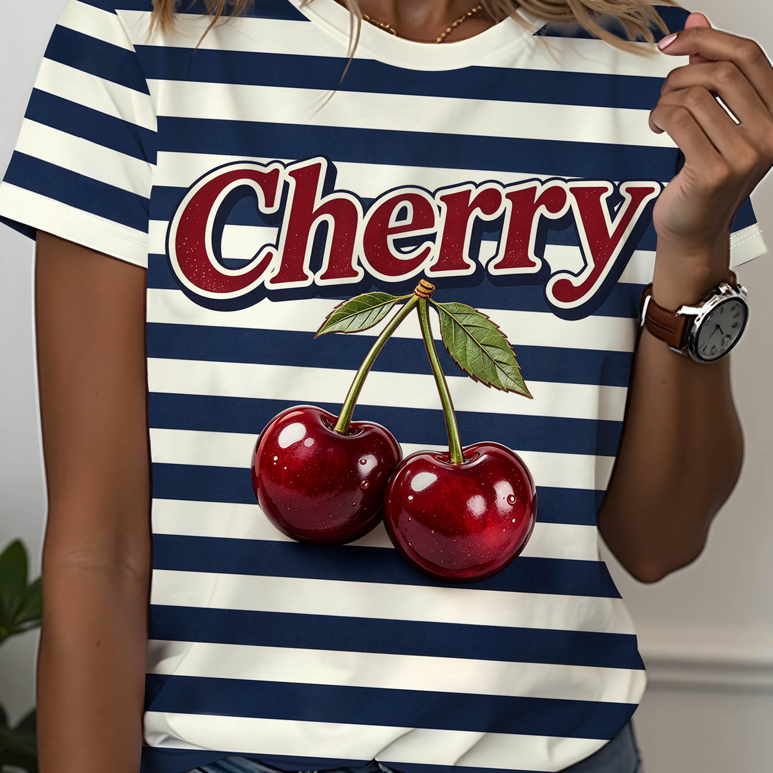 TEMU Women's Fashion, Cherry Print And Vintage Blue And White Striped Print Crew Neck Top, Women's Casual Crew Neck Short Sleeve T-shirt, Fashionable