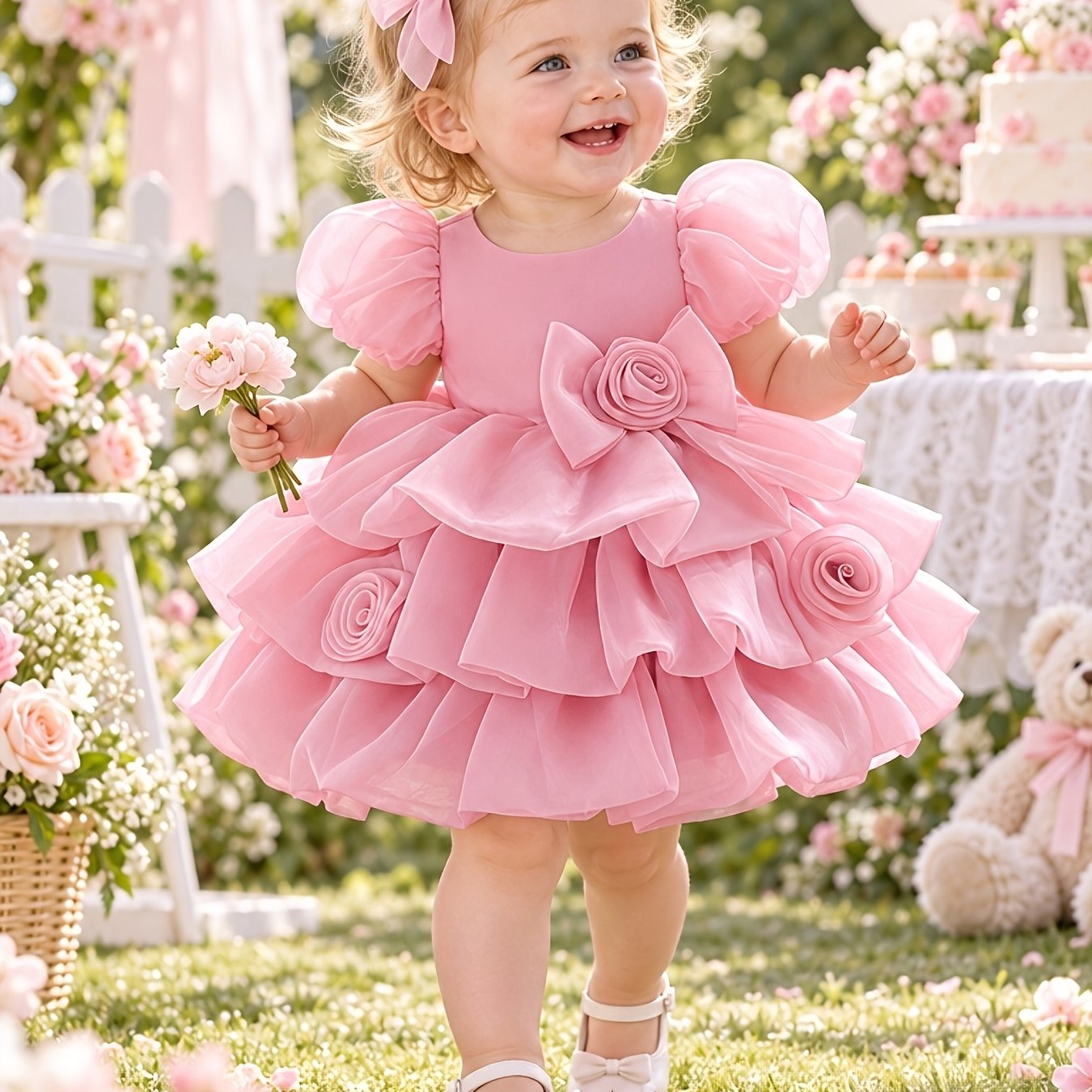 Image of Summer Baby Girl Solid Color Floral Mesh Dress Puff Sleeve Birthday Baptism Wedding Party Cake Skirt