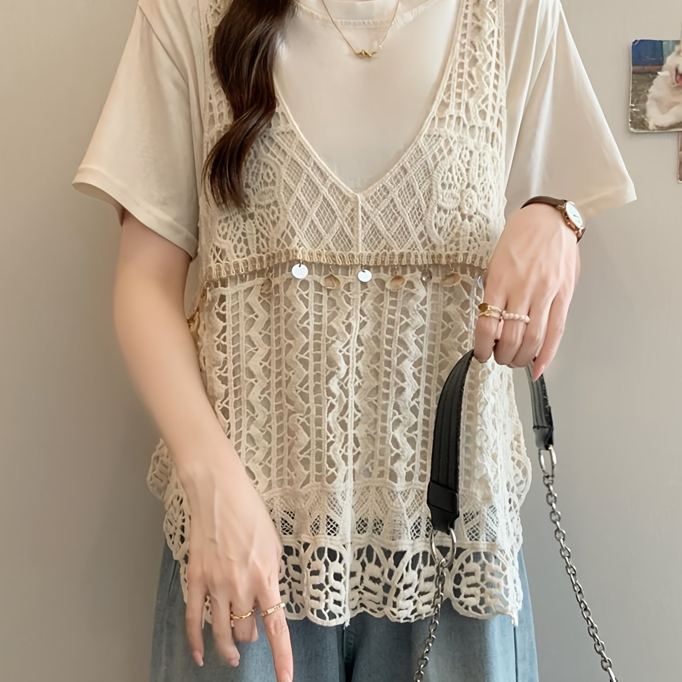TEMU Crochet Layering Sequined Shell Tassel Vest Women's Bohemian Hollow Vacation Sleeveless Outerwear Vest Top