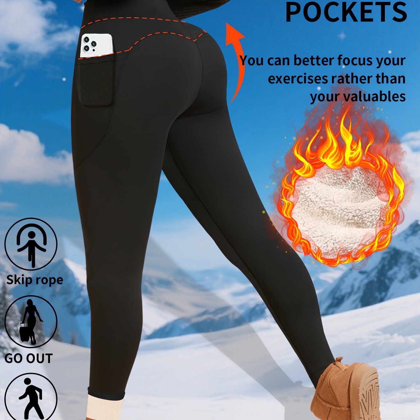 TEMU Autumn Winter New Fleece Warm Yoga Pants Tummy Control Waist Cinching Casual Yoga Sports Outerwear Base Layer 9-part Pants Side Pockets