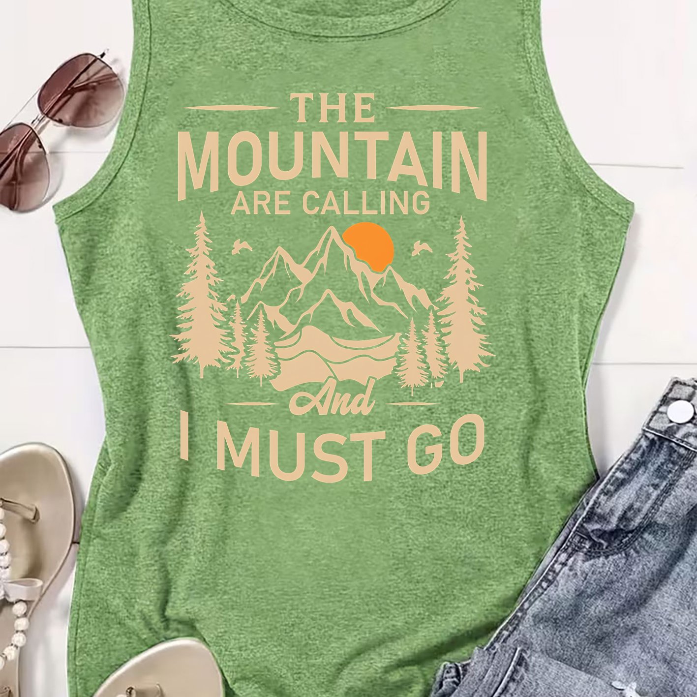 TEMU 2026 Spring/summer New Arrival Women's Round Neck "call Of The Mountains" Letter Vintage Print Sleeveless Tank Top, Casual Versatile Comfortable