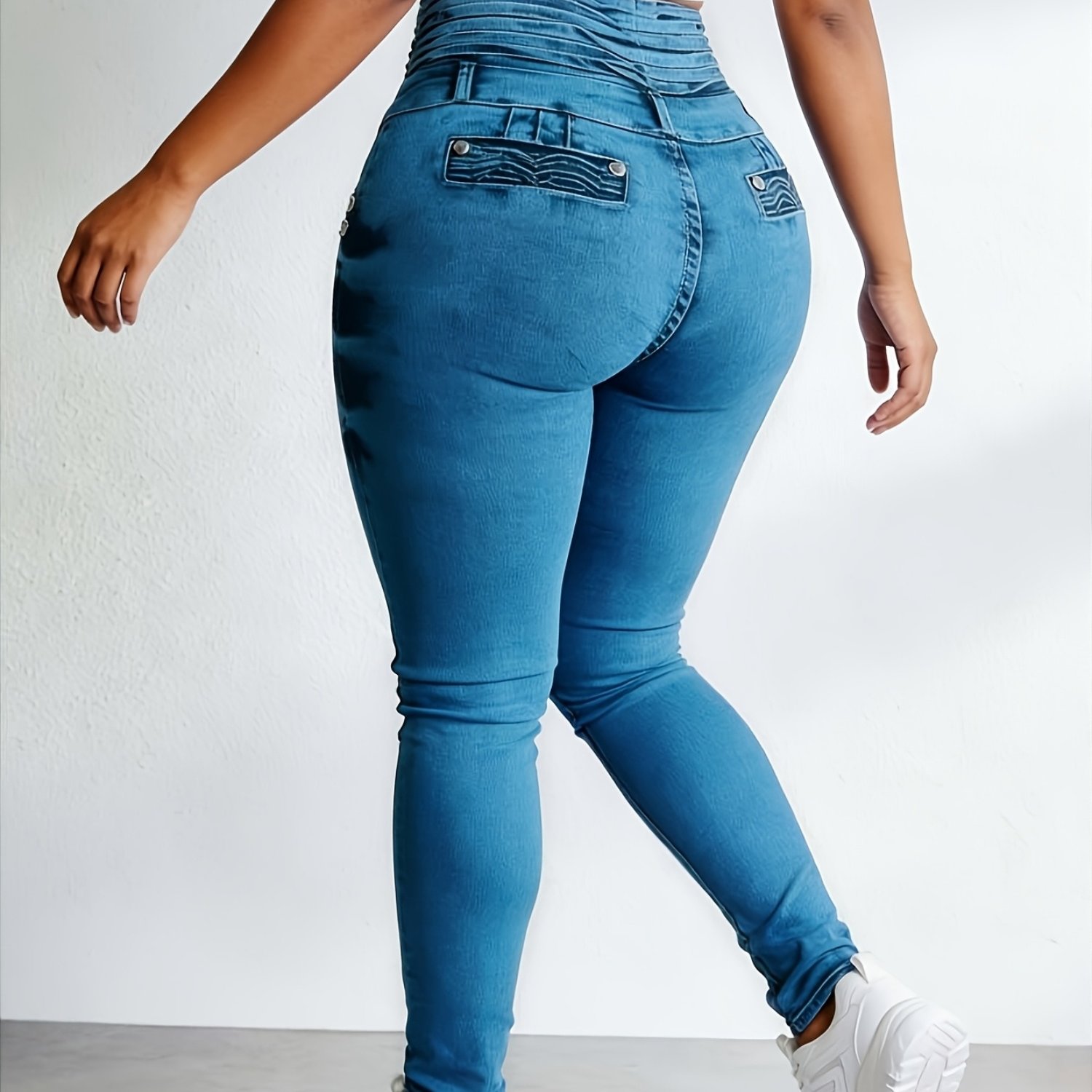 TEMU Ladies' Fashionable High Waisted Multi Button Pleated Design, Washed Tie Dye Elastic Slim Fit, Lifted And Tight Jeans