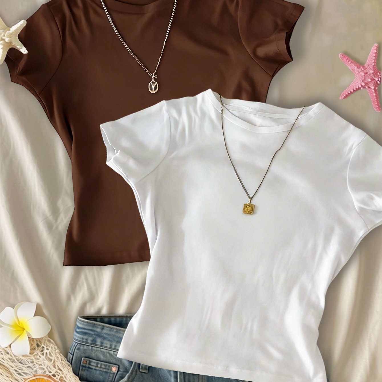 TEMU 2pcs Women's Round Neck Short Sleeve T-shirt, New Summer Style, Solid Color, Slim Fit, Casual And Versatile Cropped Top