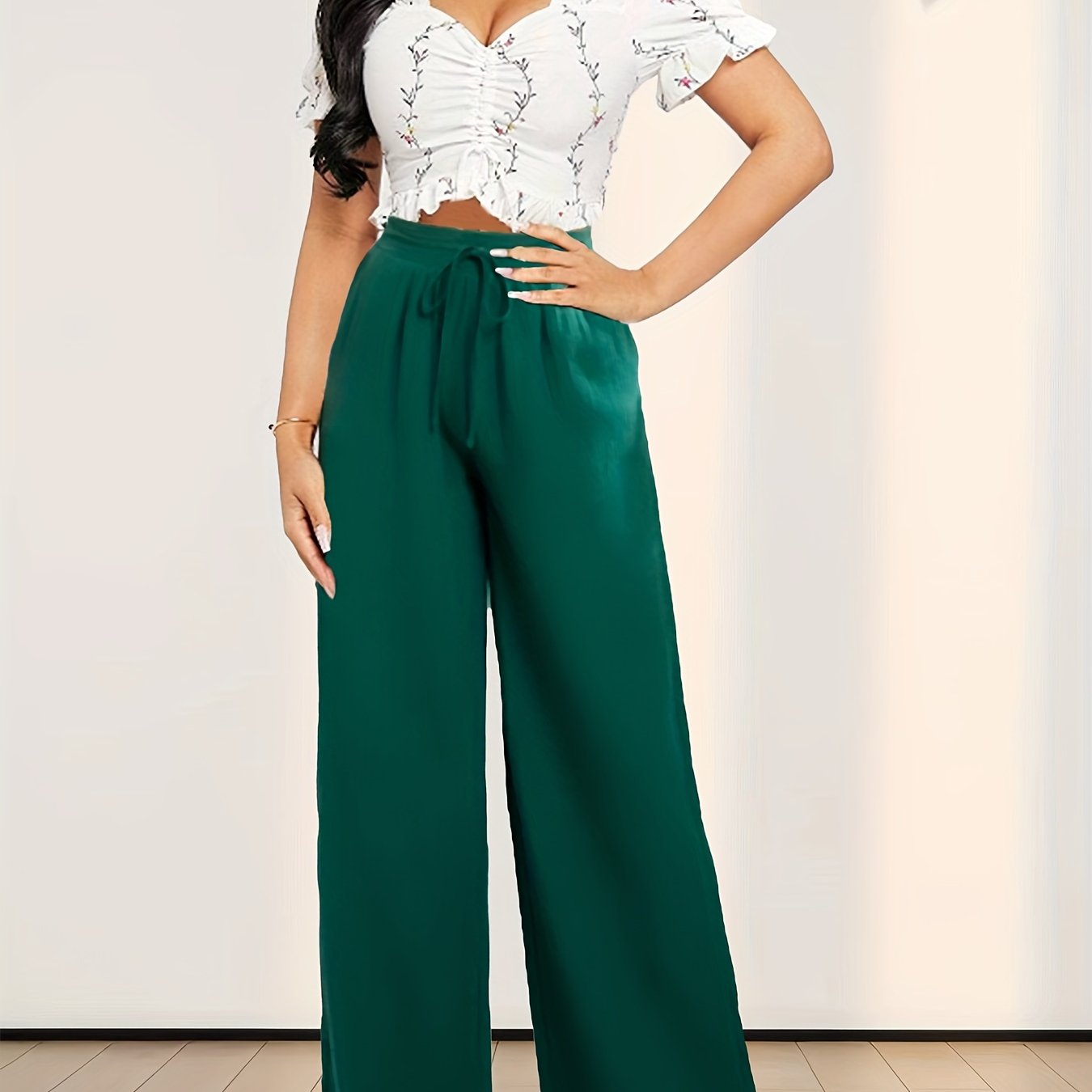 TEMU Solid Color Wide Leg Pants, Casual High Drawstring Waist Loose Pants For , Women's Clothing