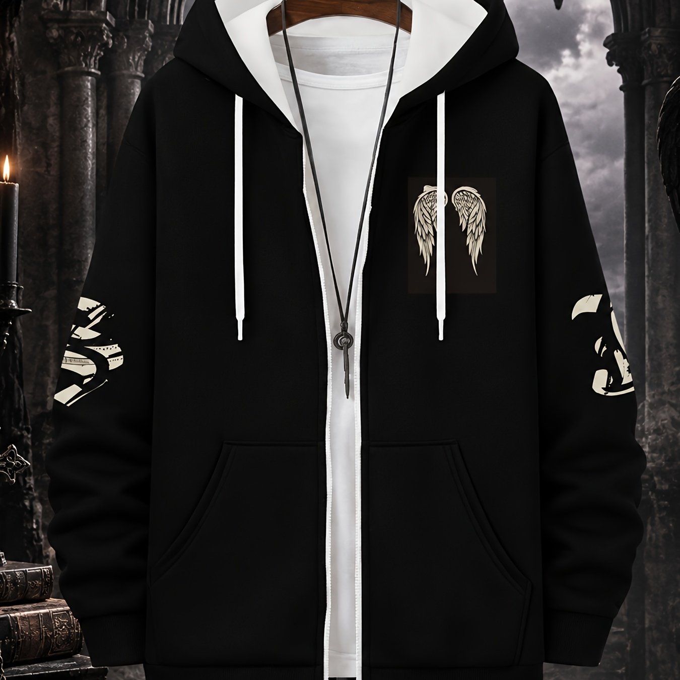 TEMU Men's Trendy Hooded Zip-up Sweatshirt With Wing Print Fashion Jacket, Casual Sports Versatile Top For Autumn New Style Pattern Long-sleeve