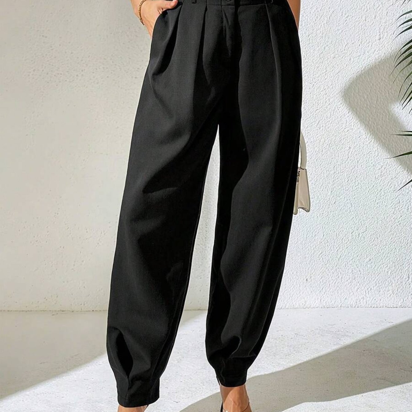 TEMU Elegante Damen-Hosenanzughose mit hoher Taille, plissiertem geradem Bein – Weite Hose mit doppeltem Knopfverschluss Schürzen-/Plissee-Saum,