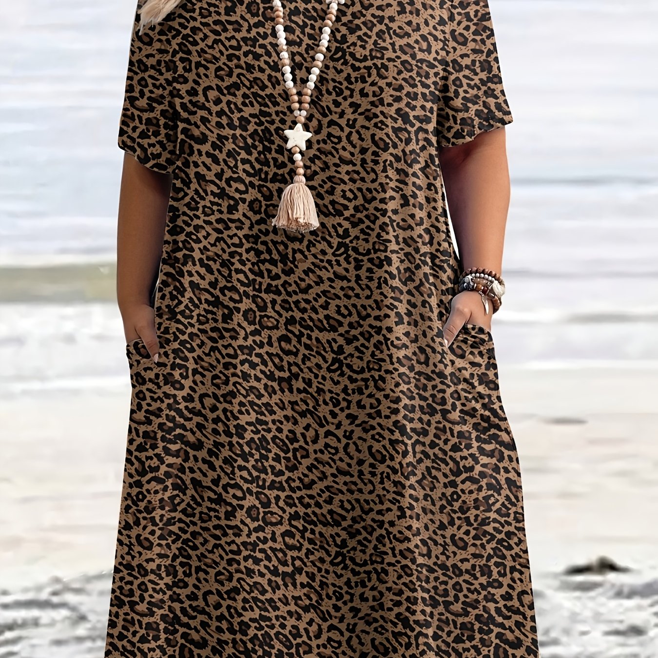 Image of Plus Size, Plus-size Women's Vacation-style Leopard Print Dress With A Fashionable And , Suitable For , A Casual Yet Chic Look - Accessories Not Included