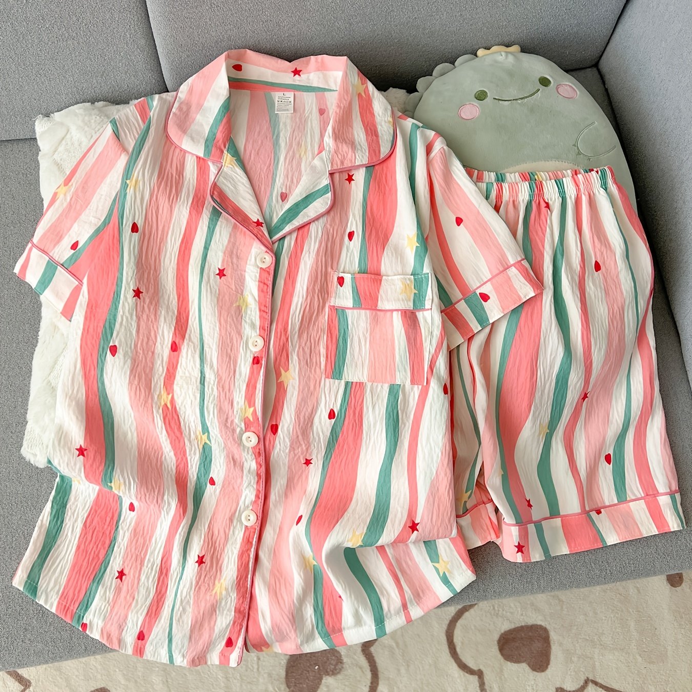 TEMU Women's Summer Striped Short Sleeve Shorts Set, Sweet And Cute Summer Outerwear Loungewear 2pcs Set, Lapel Pajama Set, Adorable