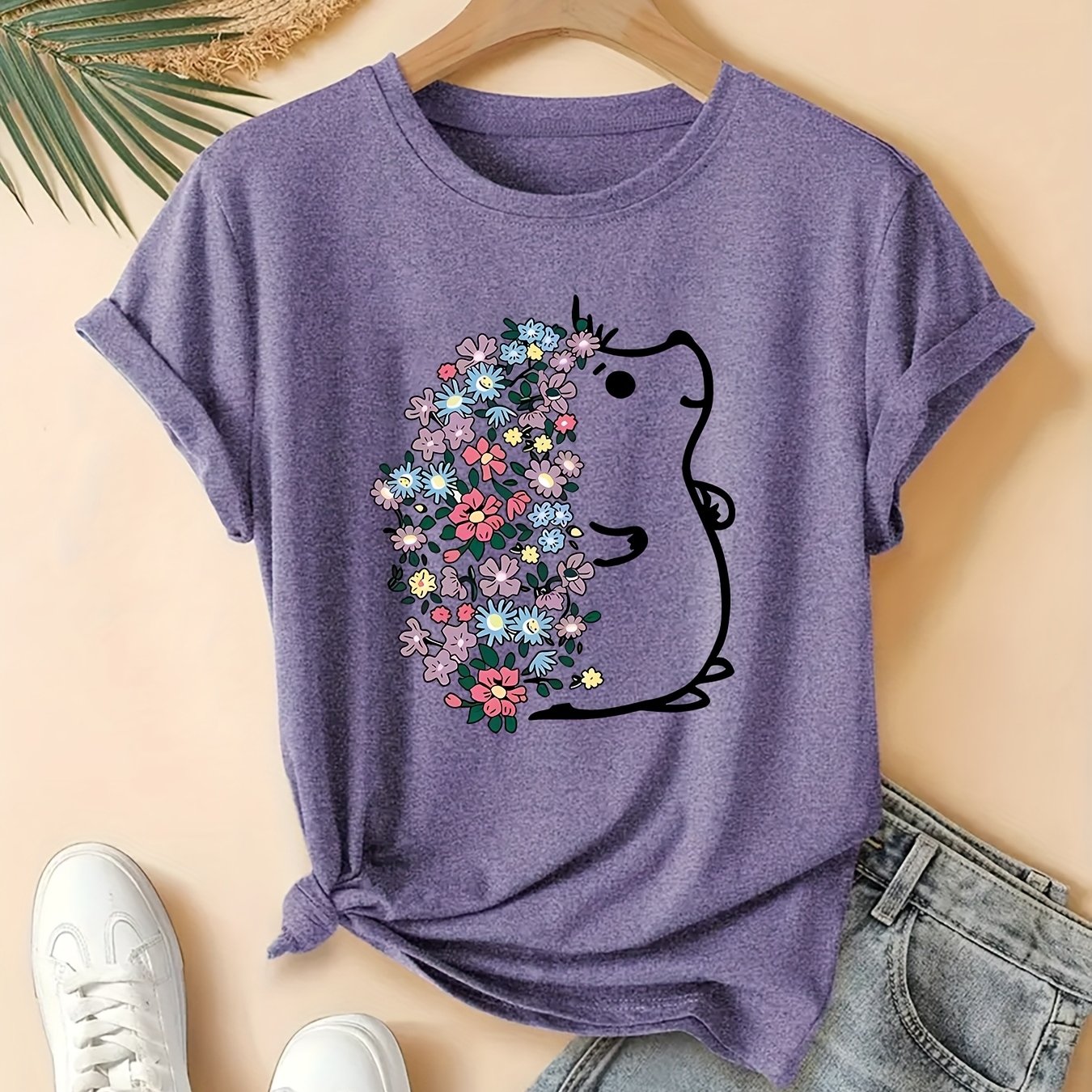 TEMU Plus Size Women's Casual Short Sleeve T-shirt - Cute Hedgehog & Colorful Floral Graphic Print, Round Neck, Breathable Medium Stretch Fabric,