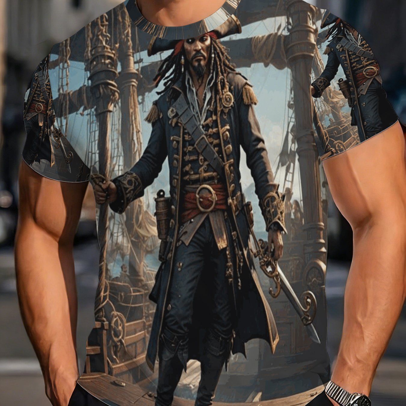 TEMU Pirate Captain Themed T-shirt, Vintage Nautical Style Top, Pirate Character Print Short Sleeve, Trendy Adventure