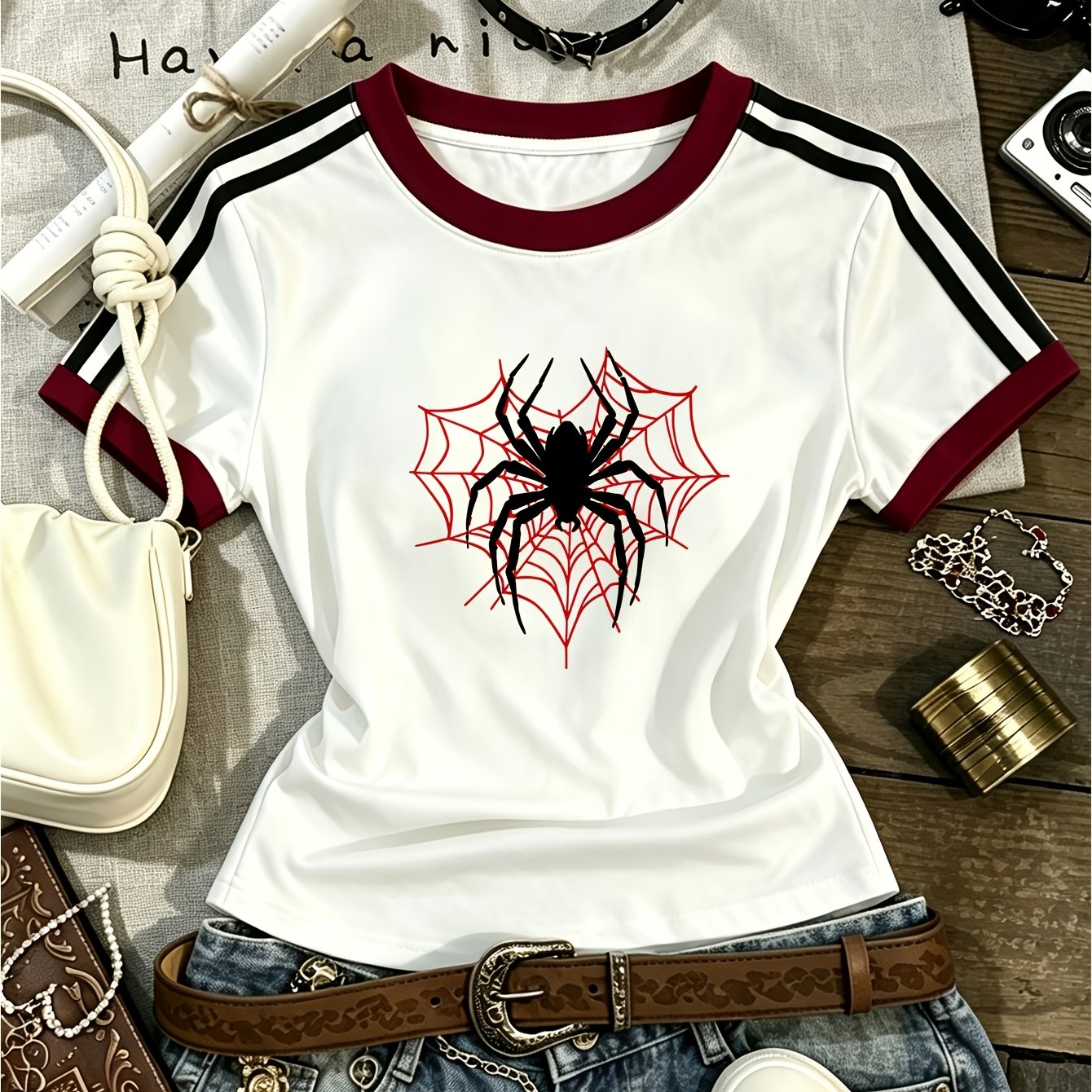 TEMU Creative Spider Print Pattern Short Sleeve T-shirt For Women, Latest Spring/summer Style For S,, Campus, And Casual Streetwear, Single Piece