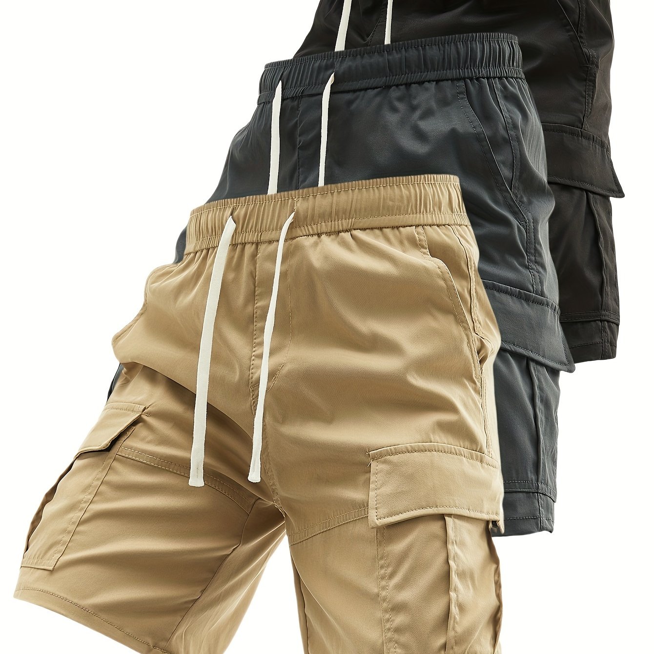 3pcs Men's Summer Cargo Shorts | Loose Fit, Pocket Details, Street Style, Solid Color With Stretch Fabric