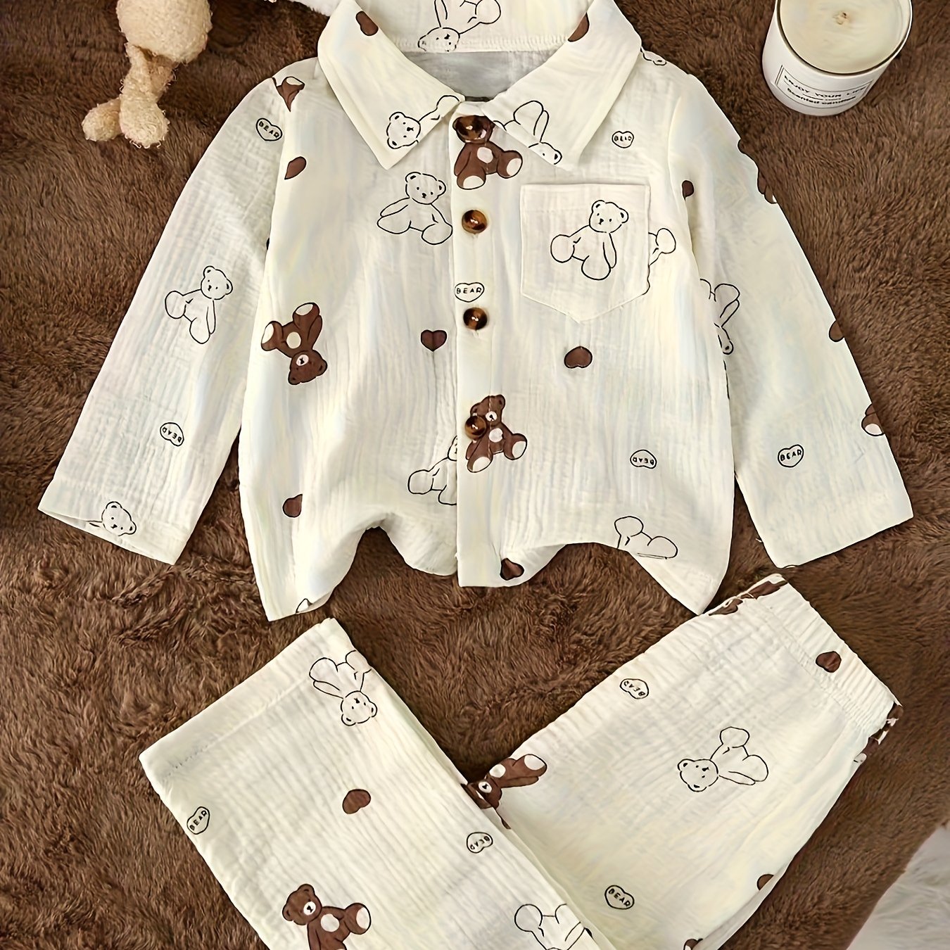 Image of Baby Boy Pure 2pcs Set, Lapel Button-up Long Sleeve Top And Pants, Random Cartoon Bear Fruit Print, For Outdoor