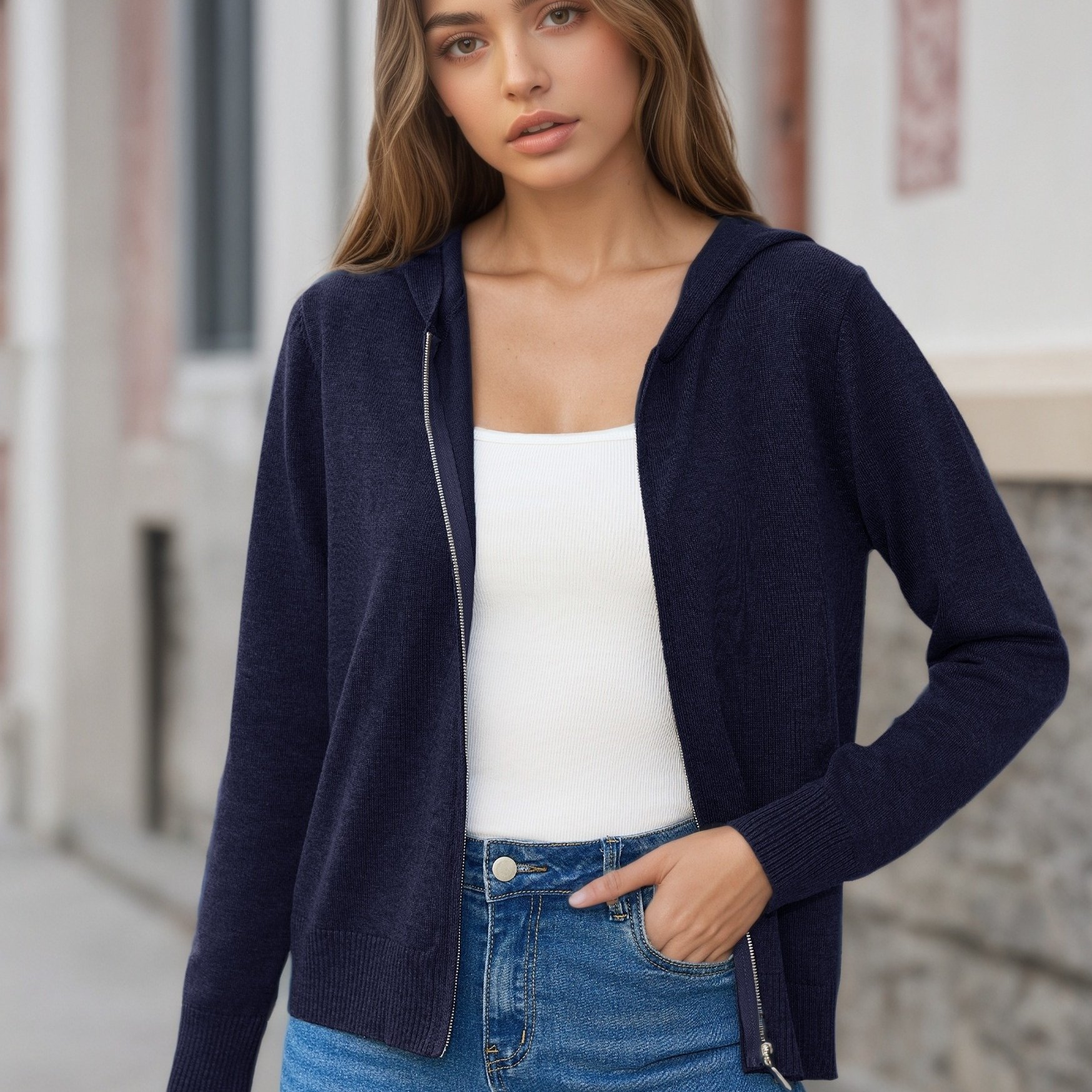 Image of Women's Elegant Hooded Zipper Cardigan - Long Sleeve Zipper Jacket, Autumn And Layering Item, Suitable For Office, Party And Daily Wear