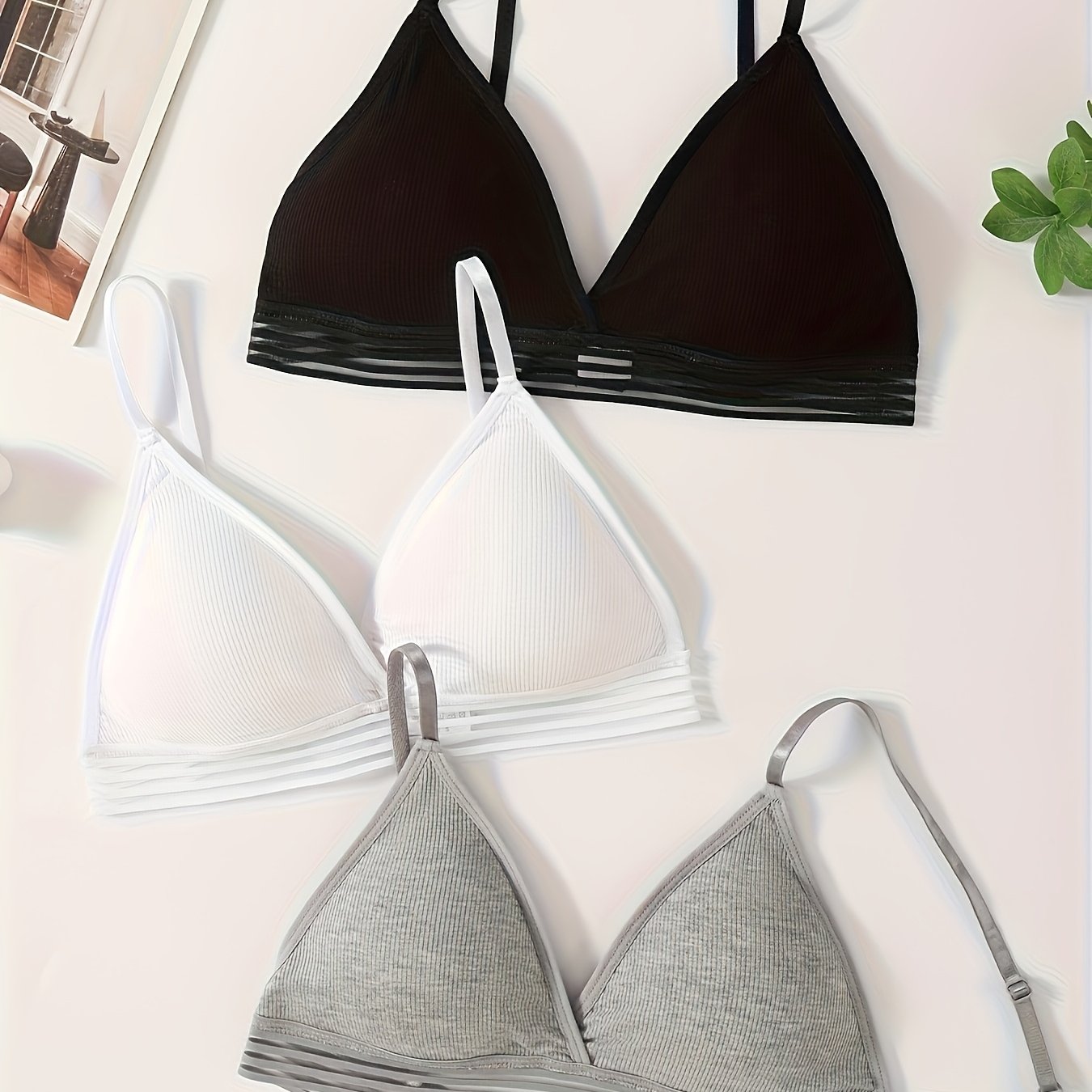 TEMU 3pcs Women's Wireless Ribbed Bras - Soft And With Removable Pads, Striped Design In /gray, Breathable , Everyday Basic Bra For Teens And Adults,