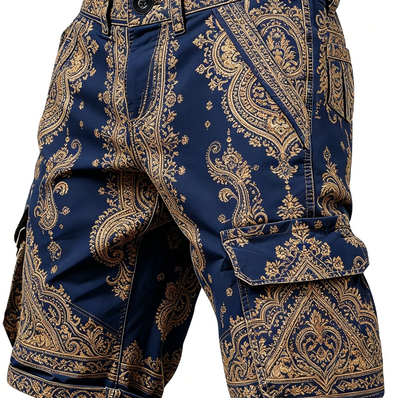 Men's Navy And Golden Paisley Print Cargo Shorts, Tactical Multi- Shorts Only Pants