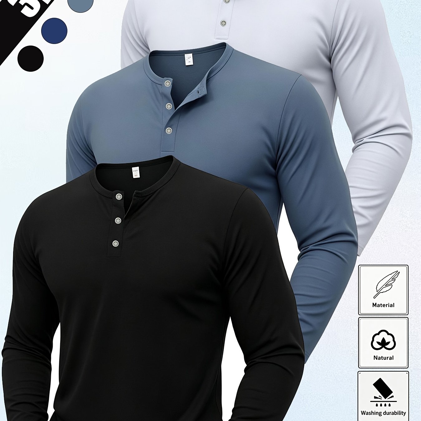 TEMU 3-pc Men' Color Henley Long Sleeve T-shirts, Classic Three-button Design, Slim Fit, Basic Top, Soft Natural Breathable Fabric, Durable Easy-wash