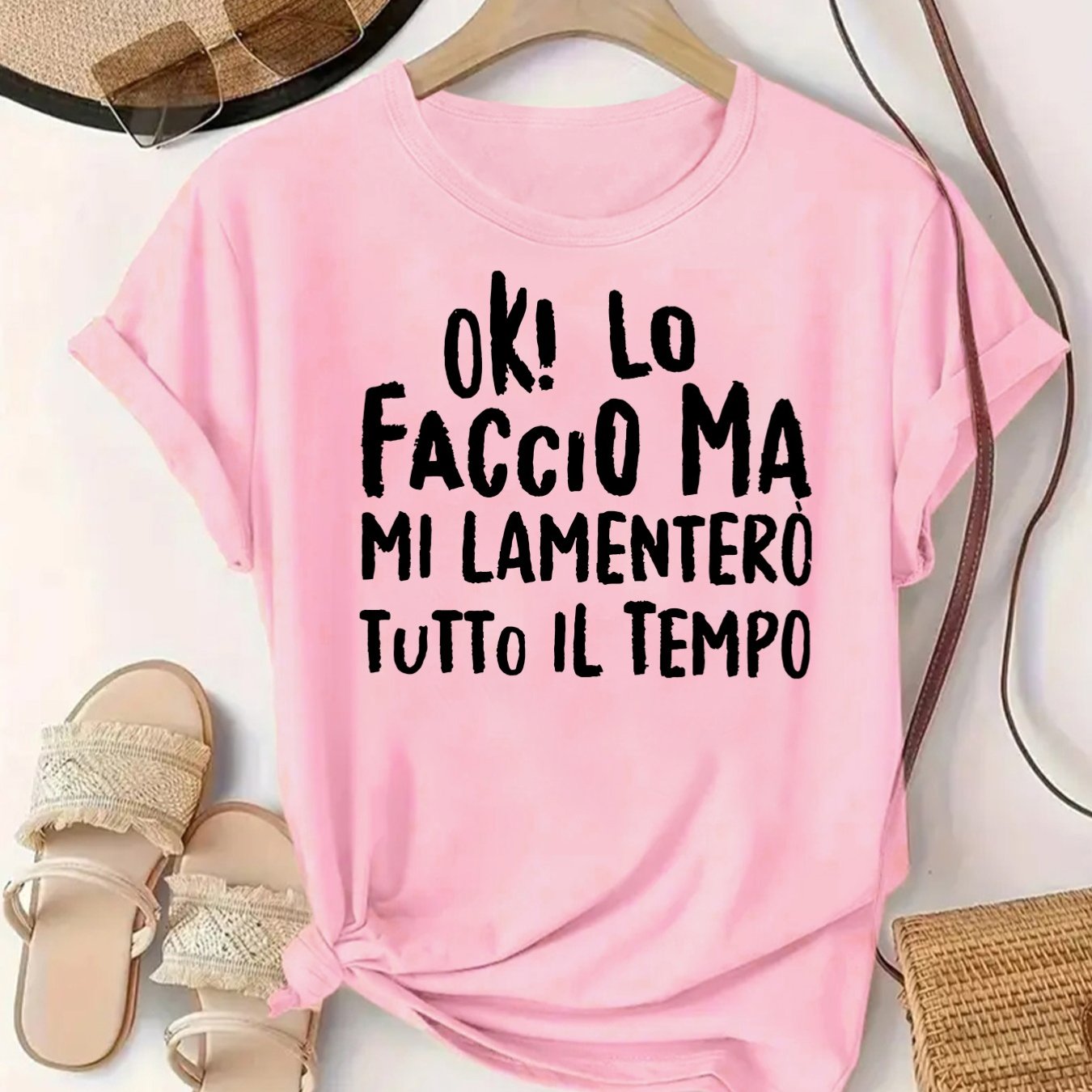 TEMU Women's Comfortable Casual Neck Short Sleeve Fashion Sport T-shirt With "ok! Lo Faccioma Mi Lamentero Tutto " Print
