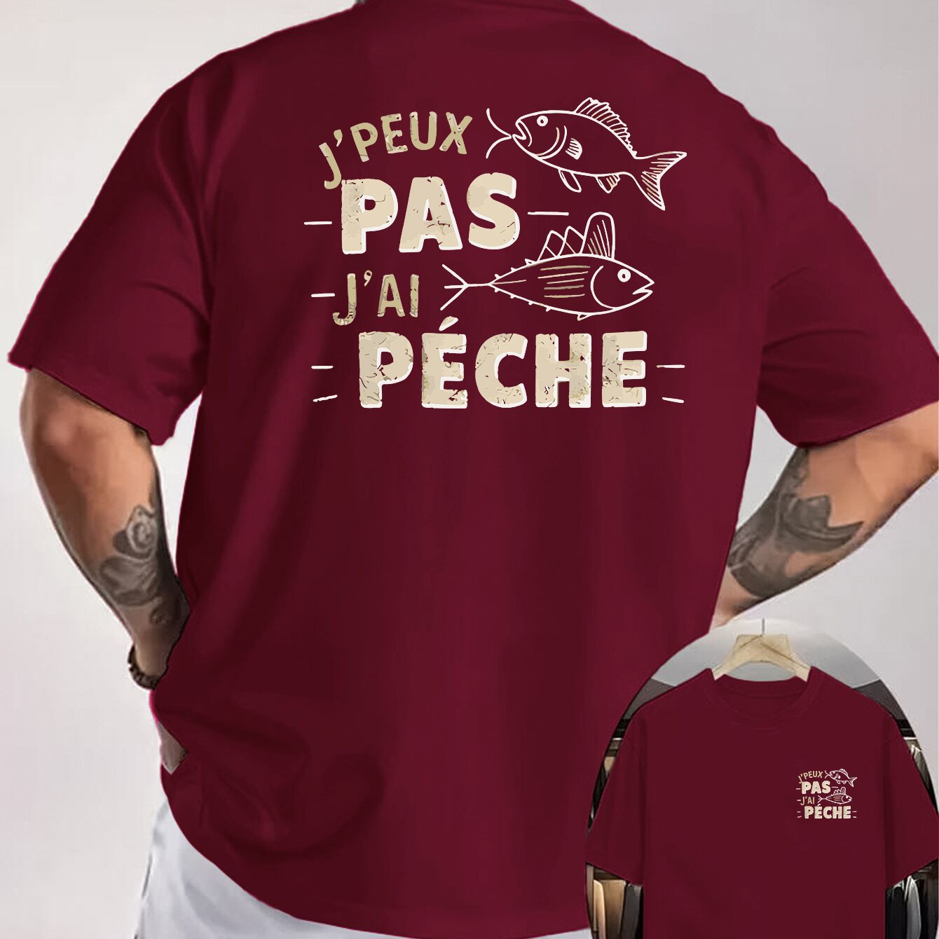 TEMU T-shirt pour Homme avec Slogan de Pêche Français - Imprimé au Dos " PÊCHE" et Logo sur la Poitrine, T-shirt Décontracté à Manches Courtes et Col
