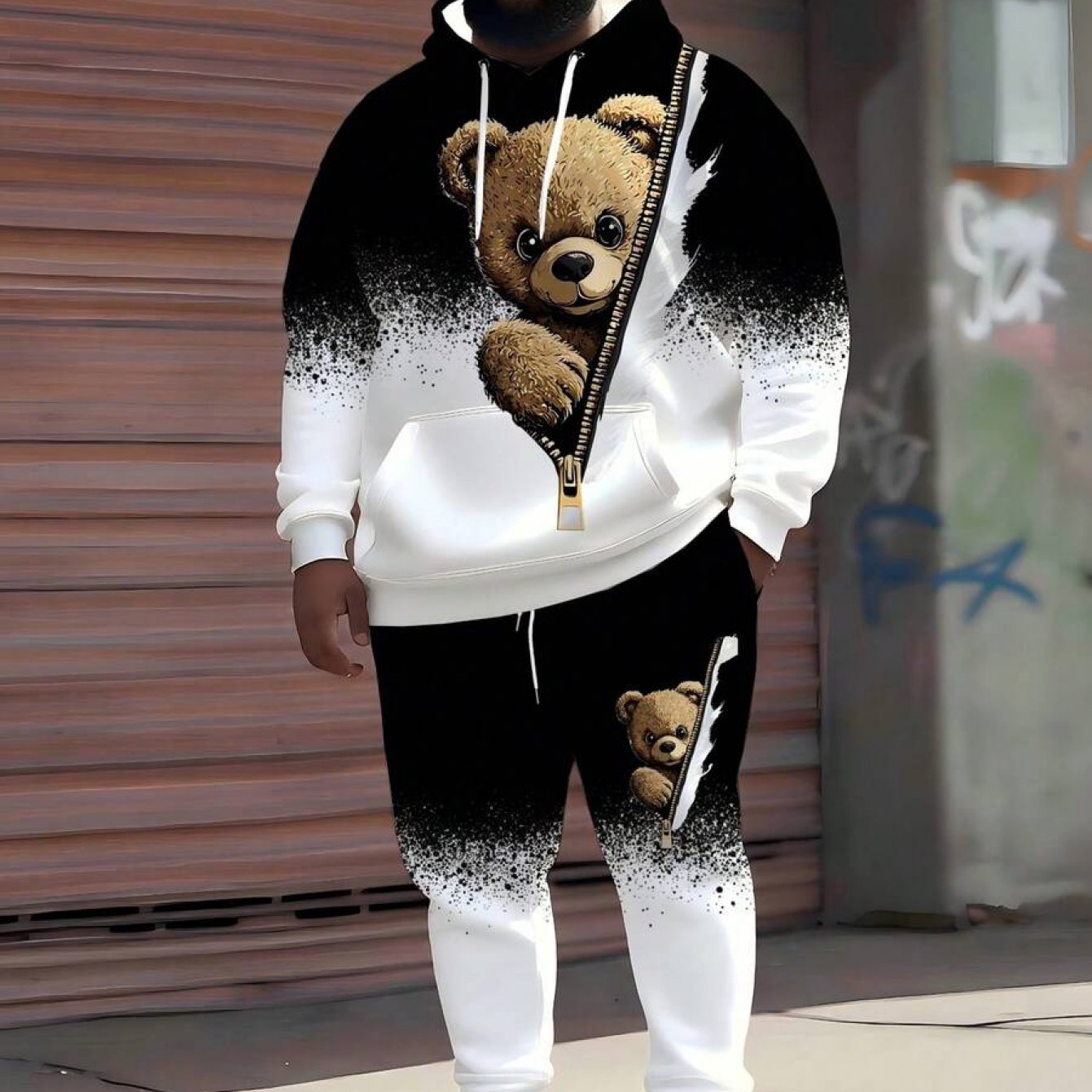 TEMU Bear Print& Gradient Pattern Matching Plus Size Men's Hoodie Sweatsuit, Casual Loose Fit Tracksuit Set For Spring, Autumn& Winter- Plus Size