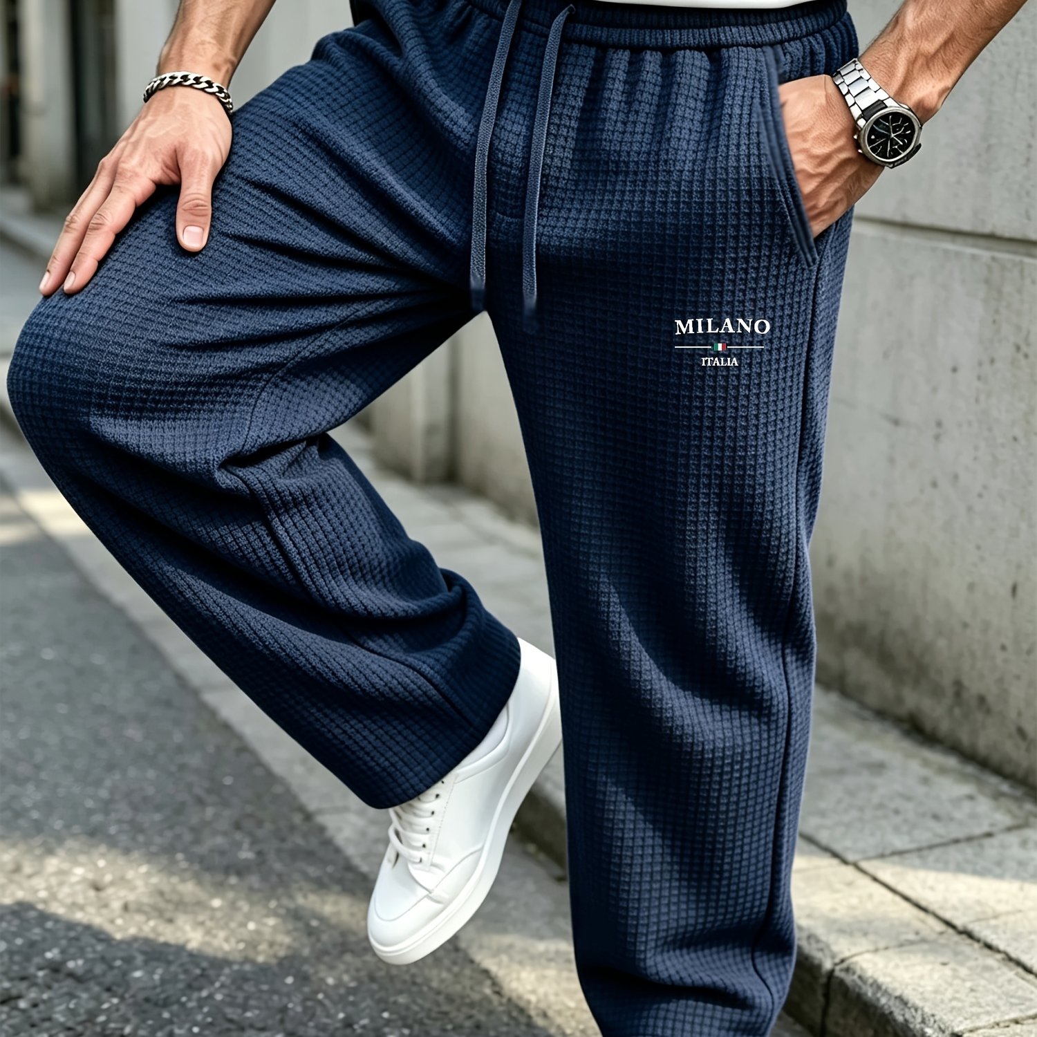 TEMU Men's Waffle Knit Casual Pants, Stretch Solid Color Loose Straight-leg Trousers With Drawstring Waist, Comfortable Fabric, Suitable For Outdoor