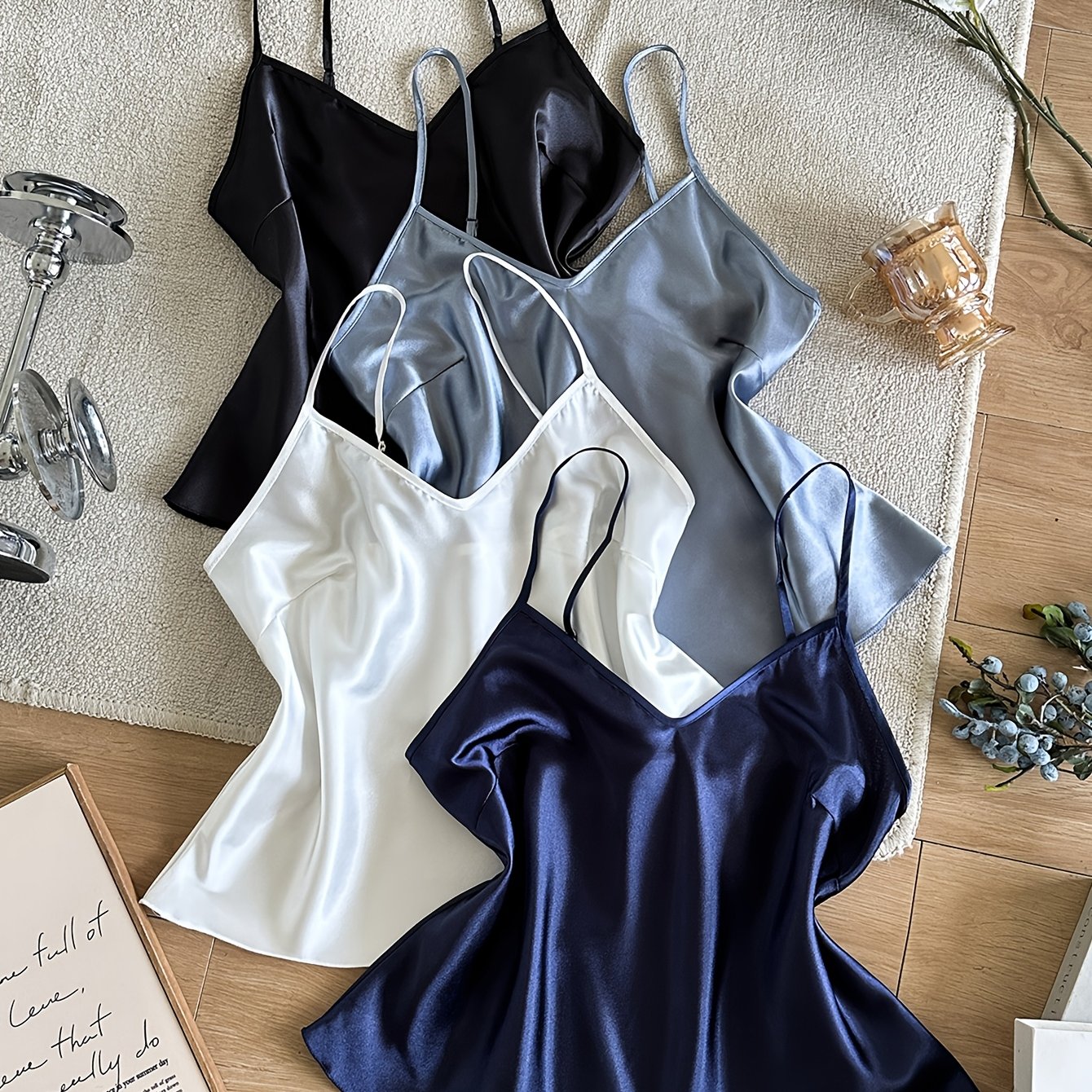 TEMU 4pcs V-neck Top Set, Fashionable, Simple, Drop-shoulder, Sexy, And Versatile Pajamas
